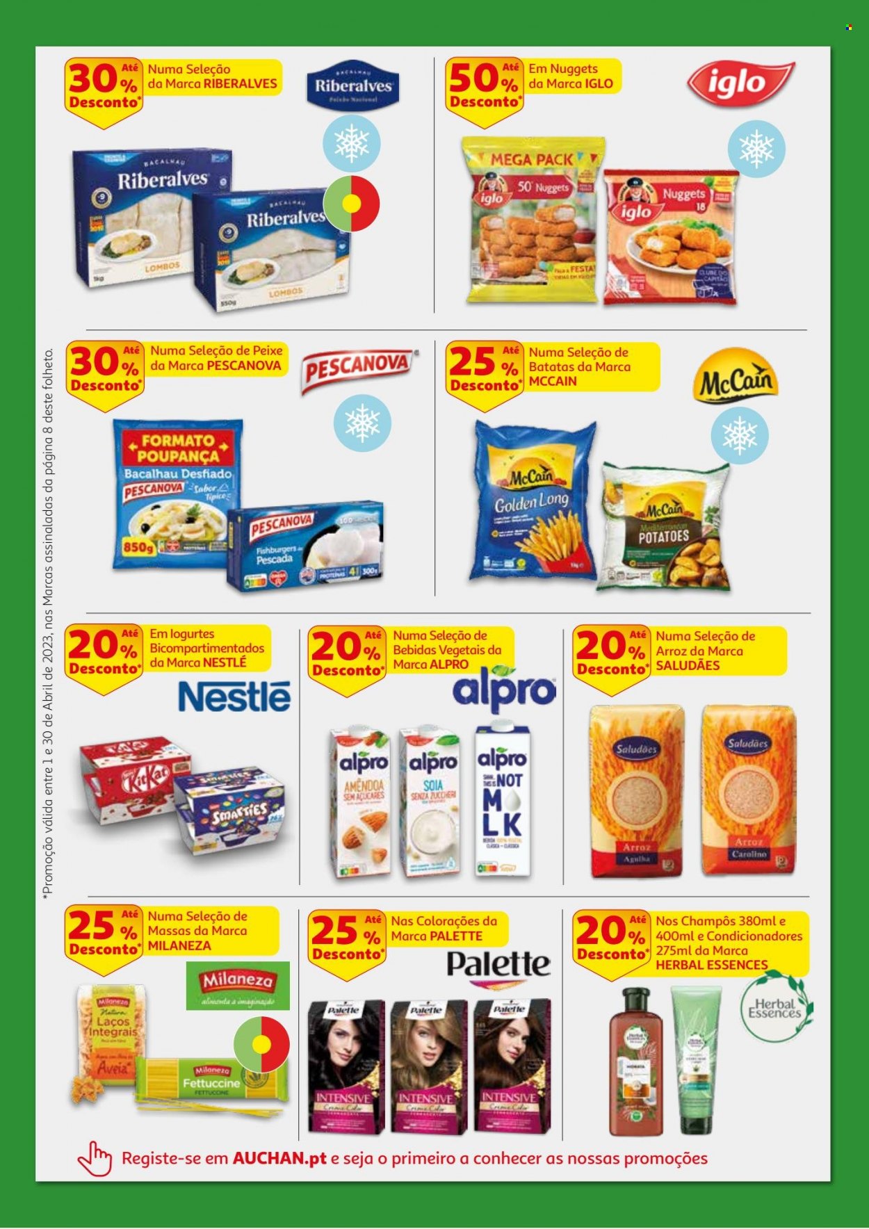 thumbnail - Folheto Auchan - 1.4.2023 - 30.4.2023 - Produtos em promoção - bacalhau, Iglo, Pescanova, nuggets, Alpro, McCain, Nestlé, aveia, amêndoa, Palette. Página 8.