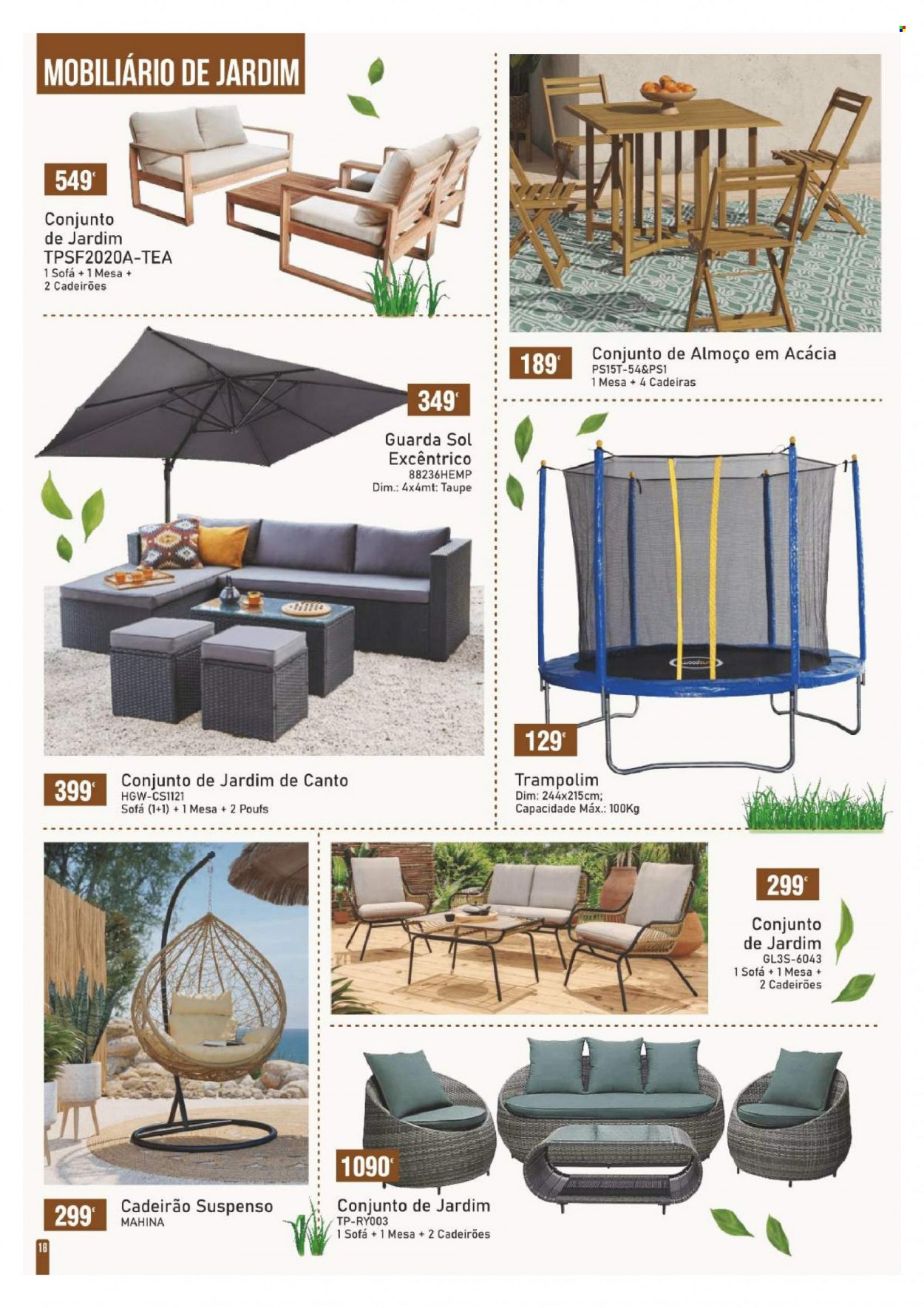 thumbnail - Folheto E.Leclerc - 4.4.2023 - 31.7.2023 - Produtos em promoção - conjunto de jardim, mesa, cadeira, guarda sol, trampolim. Página 16.