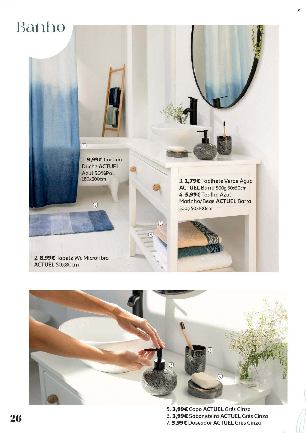 Folheto Auchan - 26.4.2023 - 31.5.2023 - Produtos em promoção - água, copo, saboneteira, cortina, toalha, tapete. Página 26.