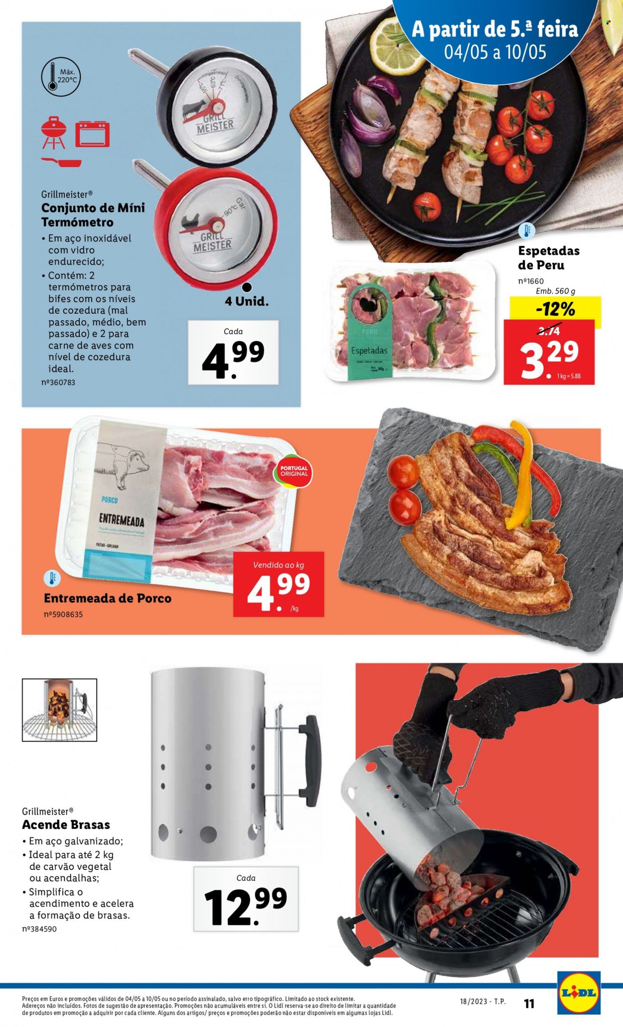 thumbnail - Folheto Lidl - Produtos em promoção - espetada, entremeada de porco, perú, termômetro, carvão barbecue. Página 11.