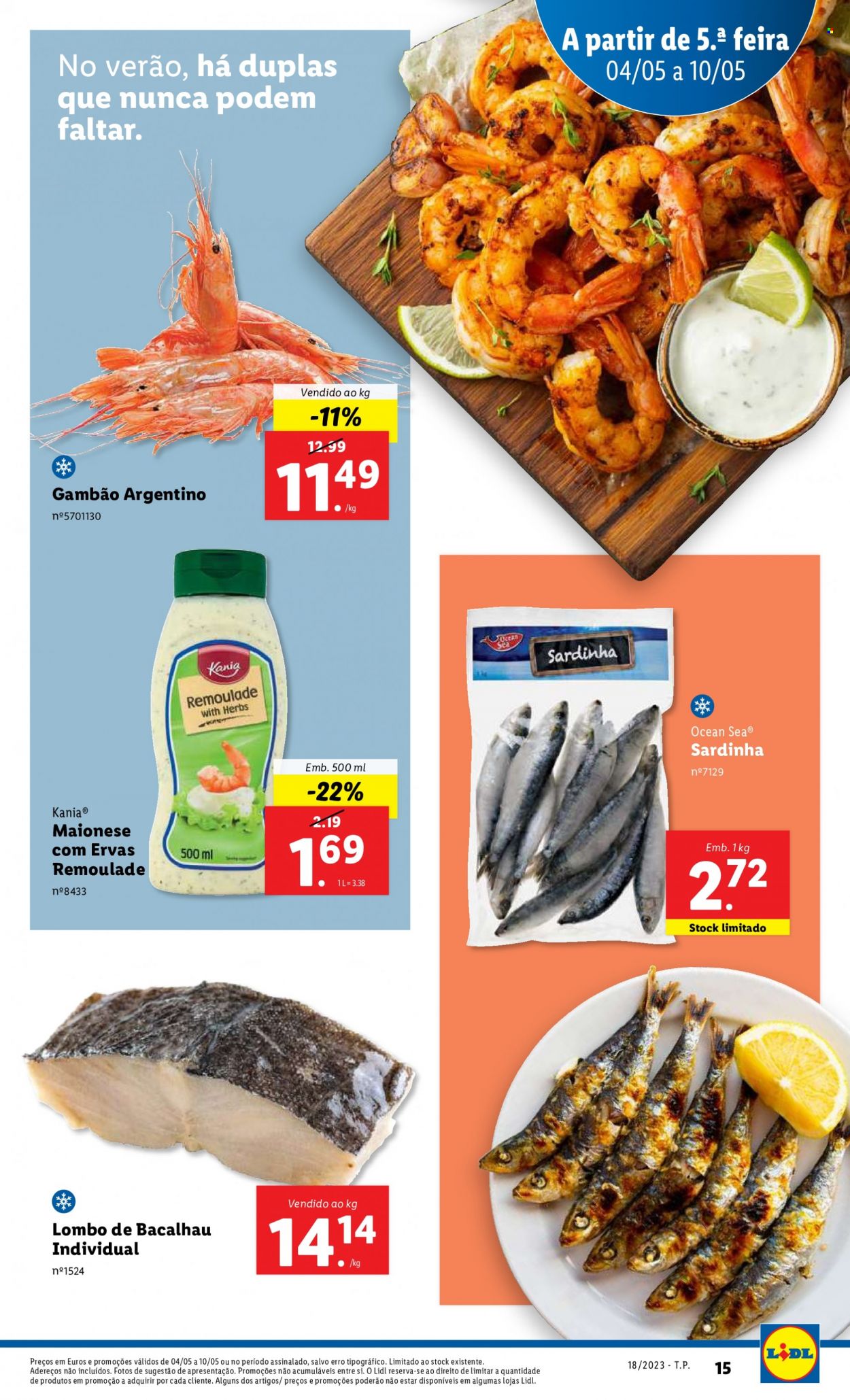 Folheto Lidl - Produtos em promoção - gambão, maionese, sardinhas, bacalhau, peixe. Página 15.