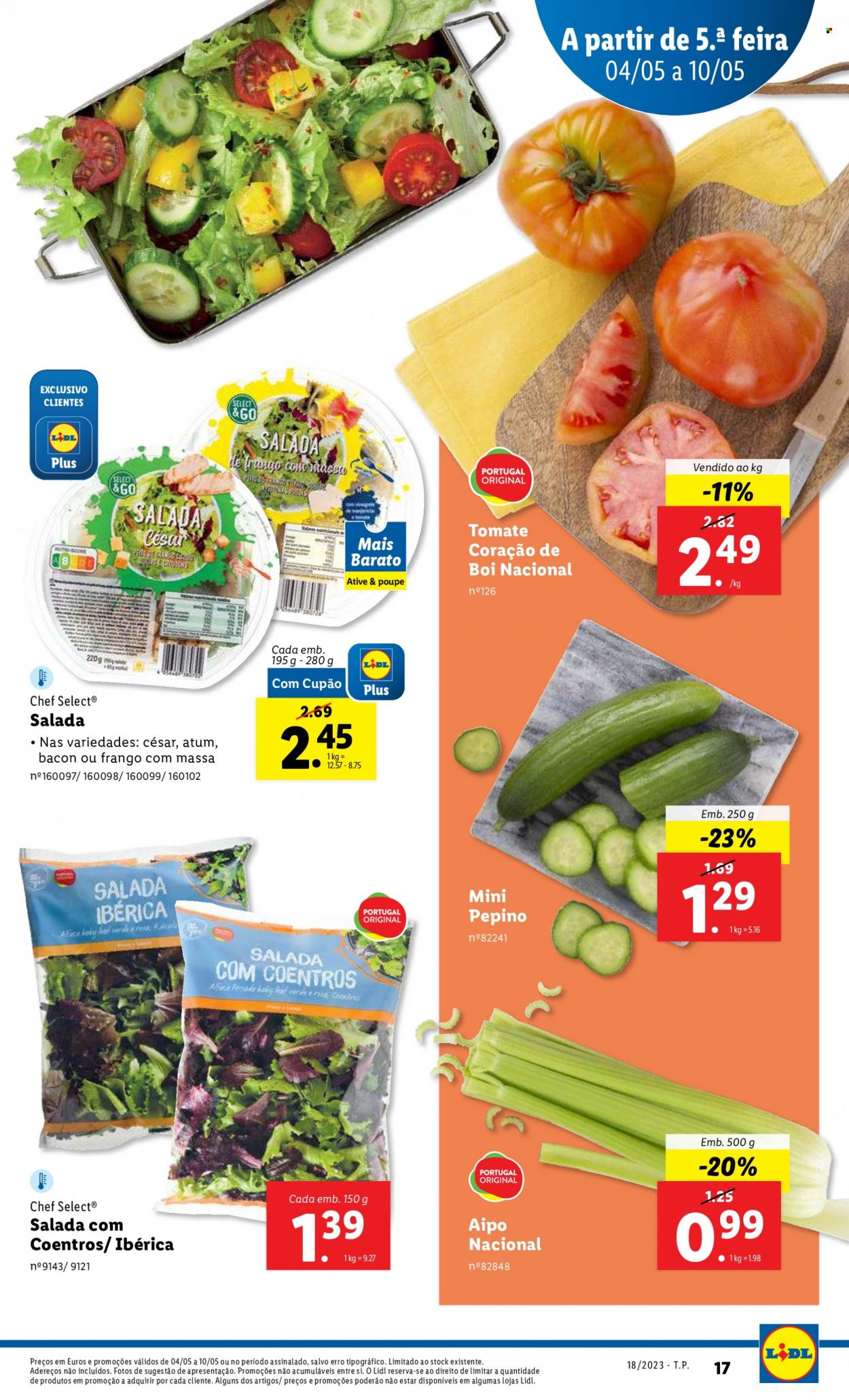 Folheto Lidl - Produtos em promoção - salada, aipo, pepino, atum, Chef Select®, bacon, coentros. Página 17.