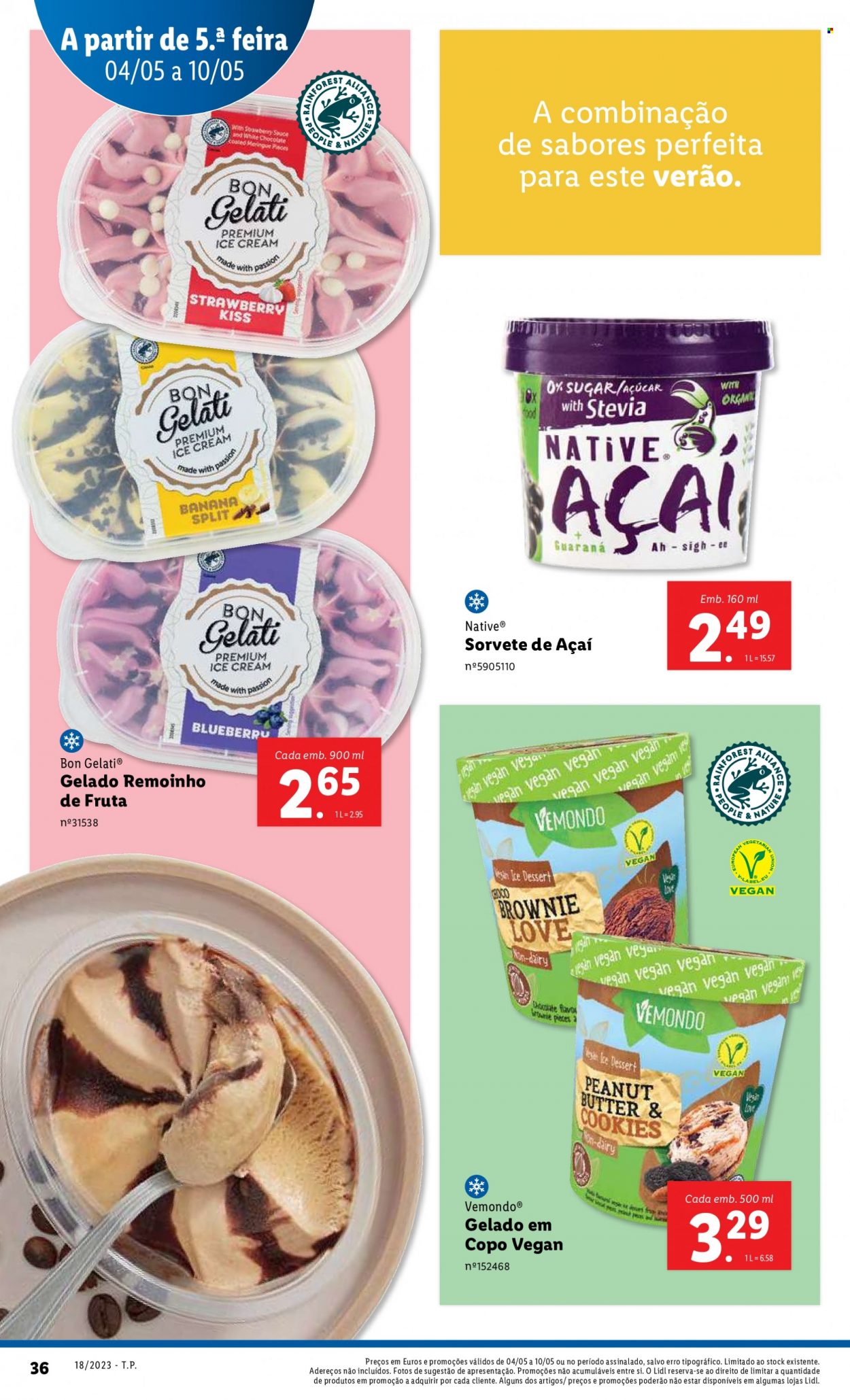 Folheto Lidl - Produtos em promoção - banana, sorvete, gelado, bolachas, stévia, Guaraná. Página 36.
