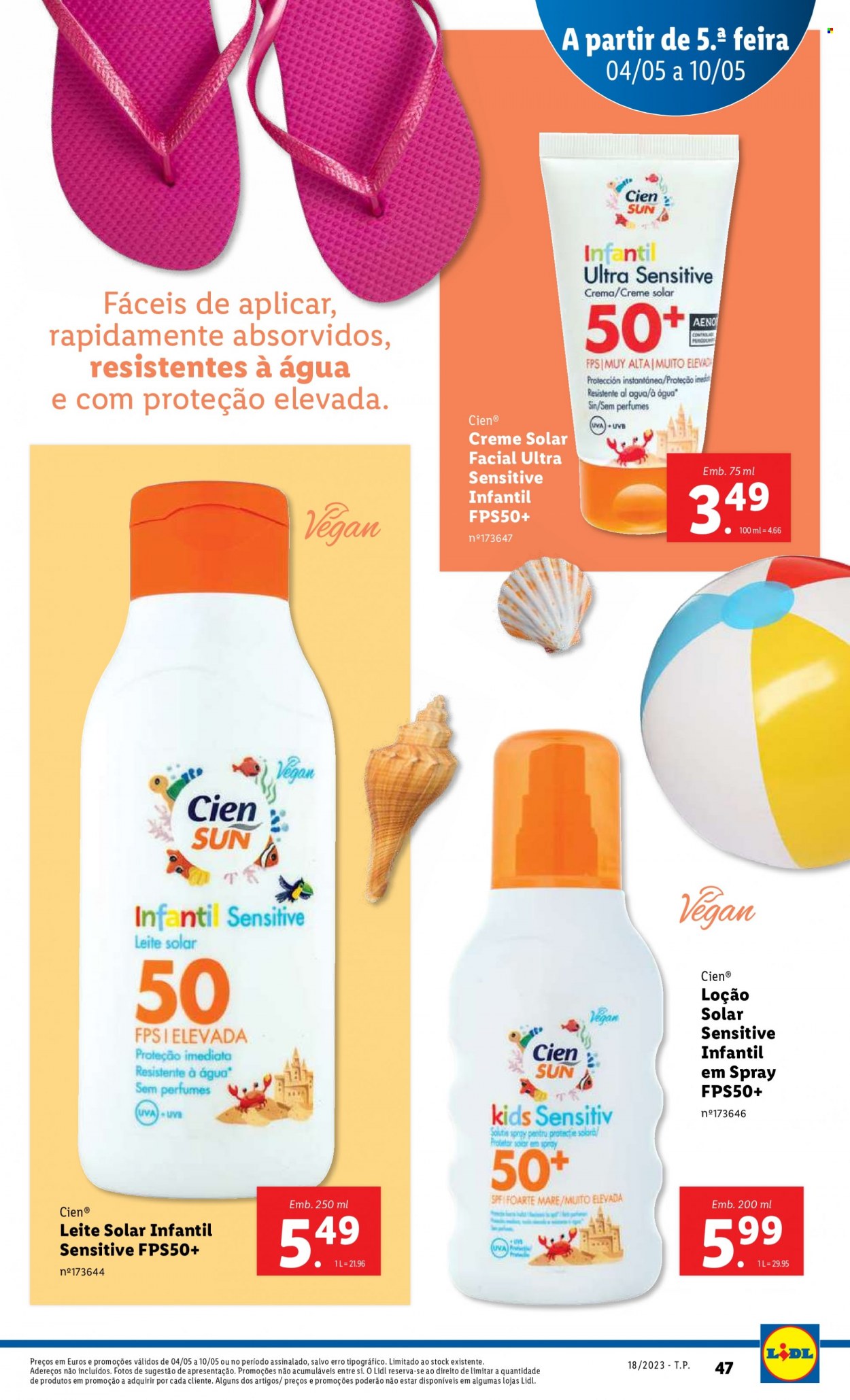 Folheto Lidl - Produtos em promoção - Cien®, loção, creme solar, leite solar. Página 47.