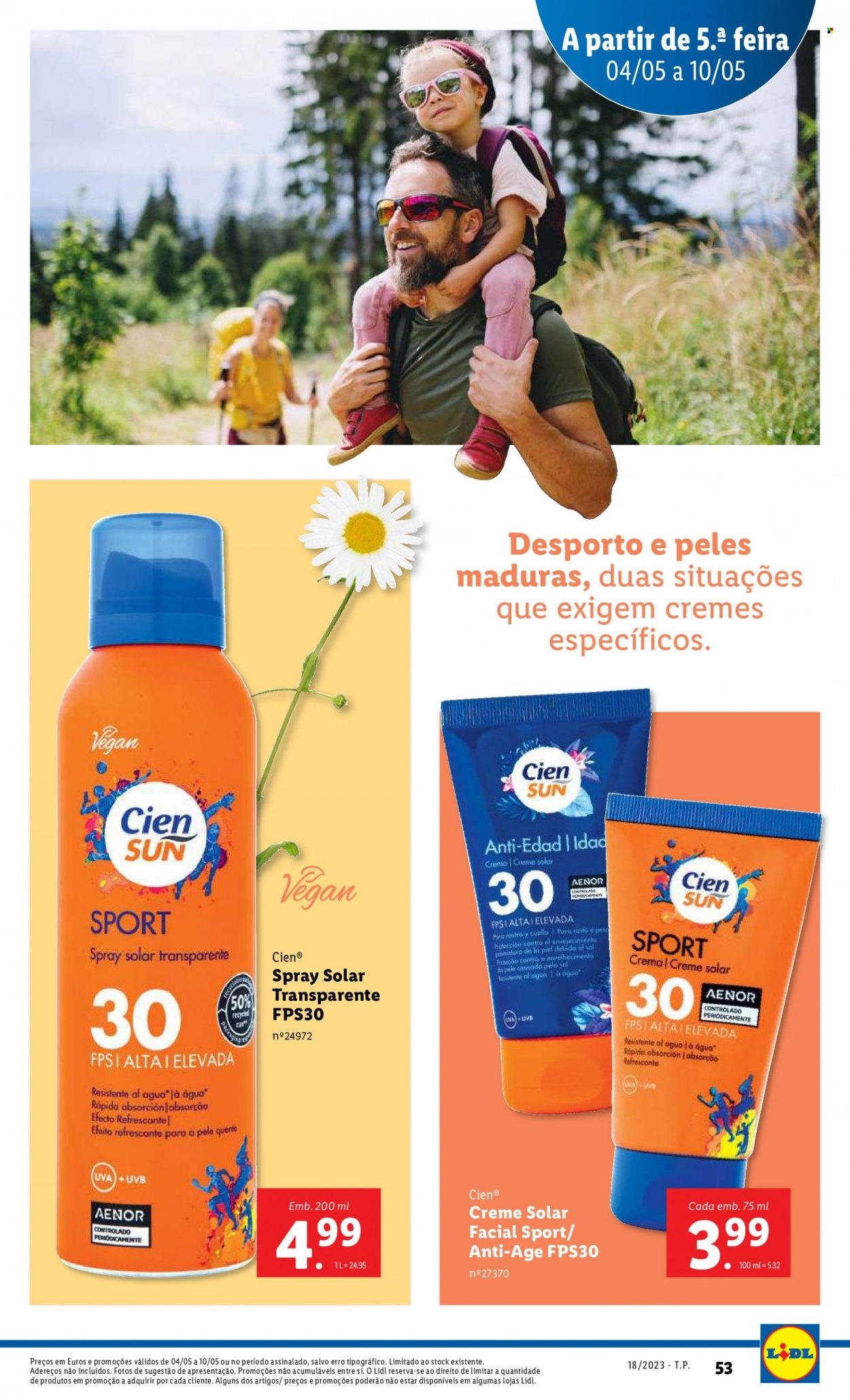 Folheto Lidl - Produtos em promoção - água, Cien®, creme solar. Página 53.
