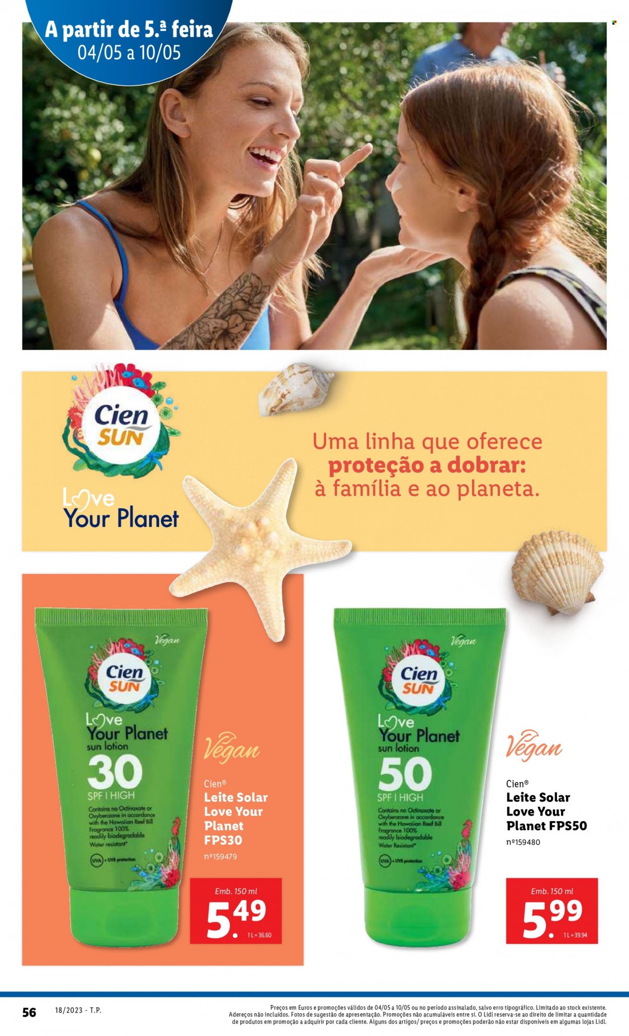Folheto Lidl - Produtos em promoção - Cien®, leite solar. Página 56.
