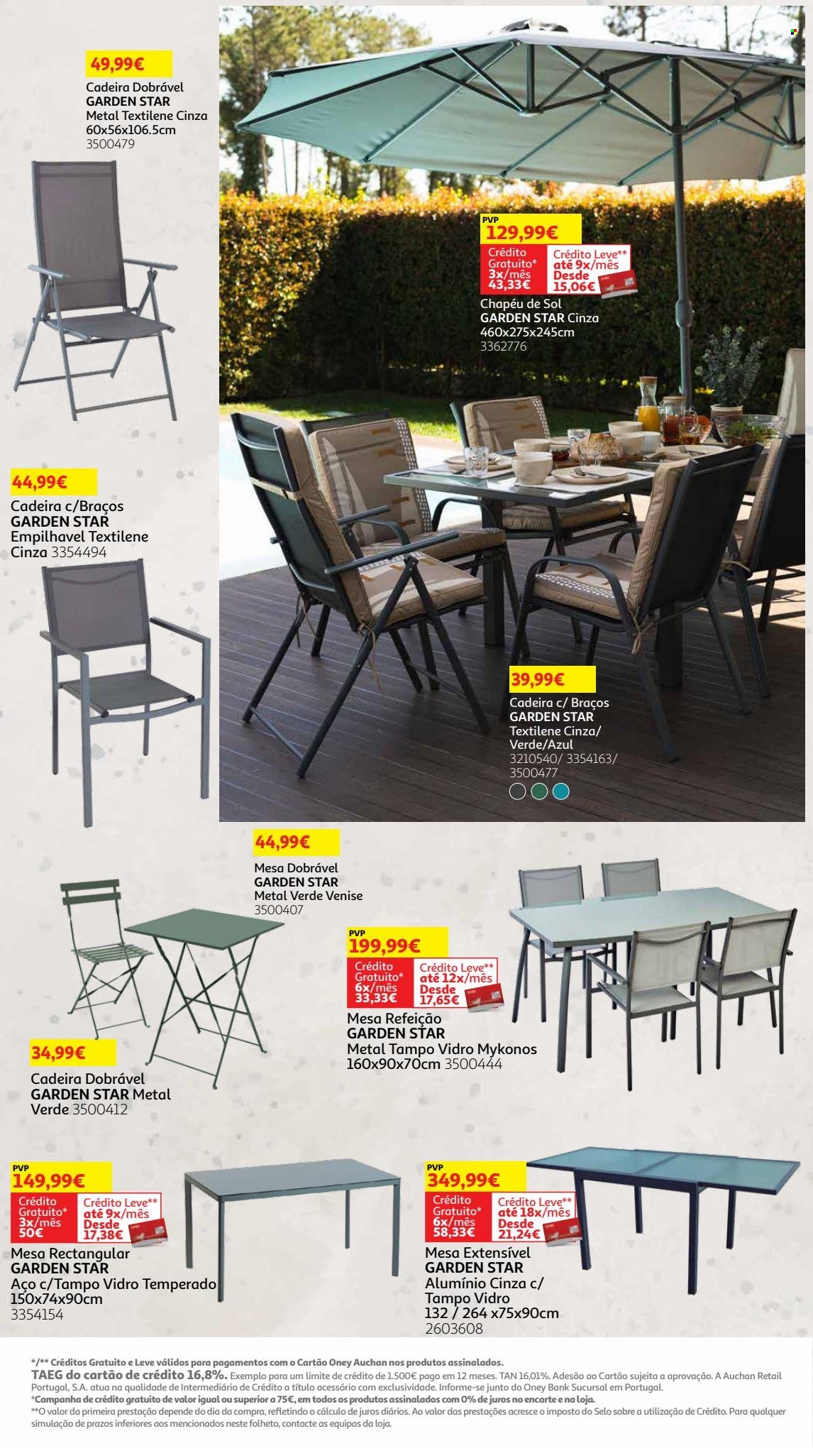 thumbnail - Folheto Auchan - 8.5.2023 - 30.7.2023 - Produtos em promoção - mesa, cadeira, mesa dobrável, cadeira dobrável, chapéu de sol. Página 7.