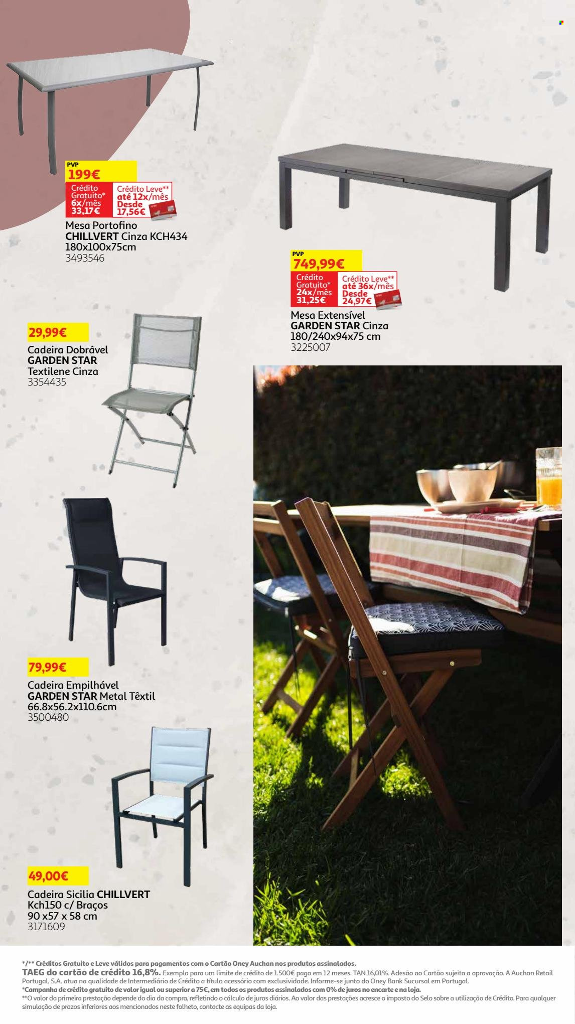 thumbnail - Folheto Auchan - 8.5.2023 - 30.7.2023 - Produtos em promoção - mesa, cadeira, cadeira dobrável. Página 15.