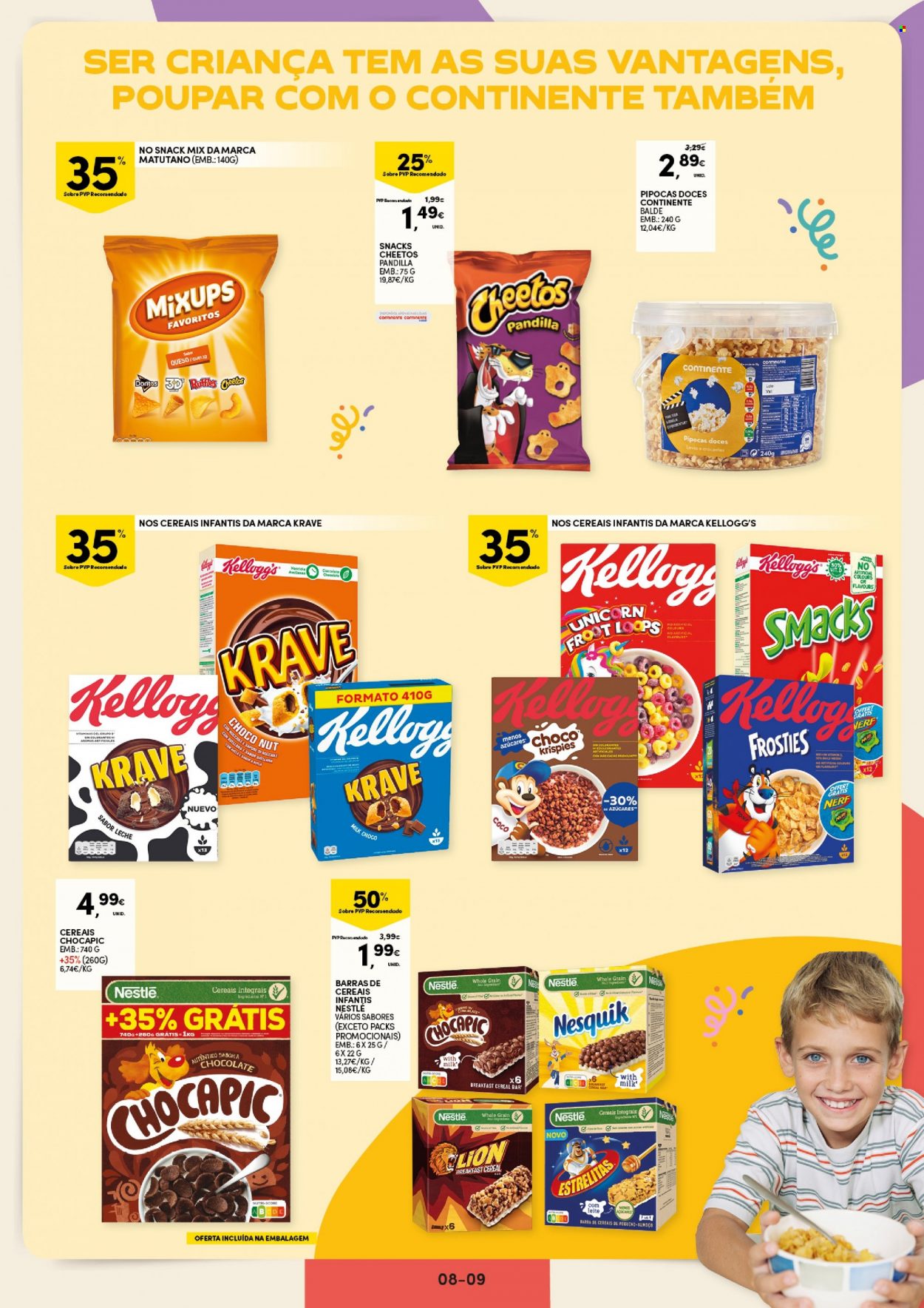 thumbnail - Folheto Continente - 9.5.2023 - 1.6.2023 - Produtos em promoção - pequeno-almoço, queijo, Nesquik, Nestlé, barrinha doce, Cheetos, pipoca, Ruffles, Mixups, barra de cereal, Chocapic, Kellogg's, balde, Nerf. Página 9.