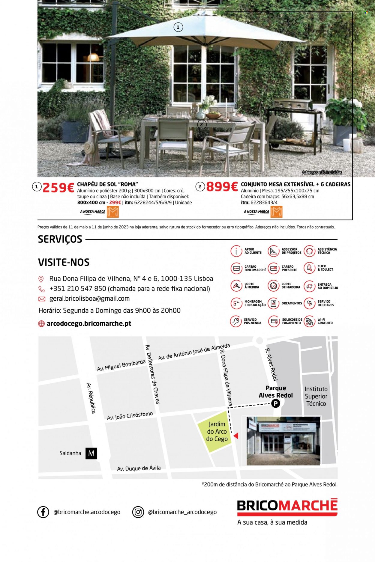 thumbnail - Folheto Bricomarché - 11.5.2023 - 11.6.2023 - Produtos em promoção - mesa, mesa extensível, cadeira, chapéu de sol. Página 8.
