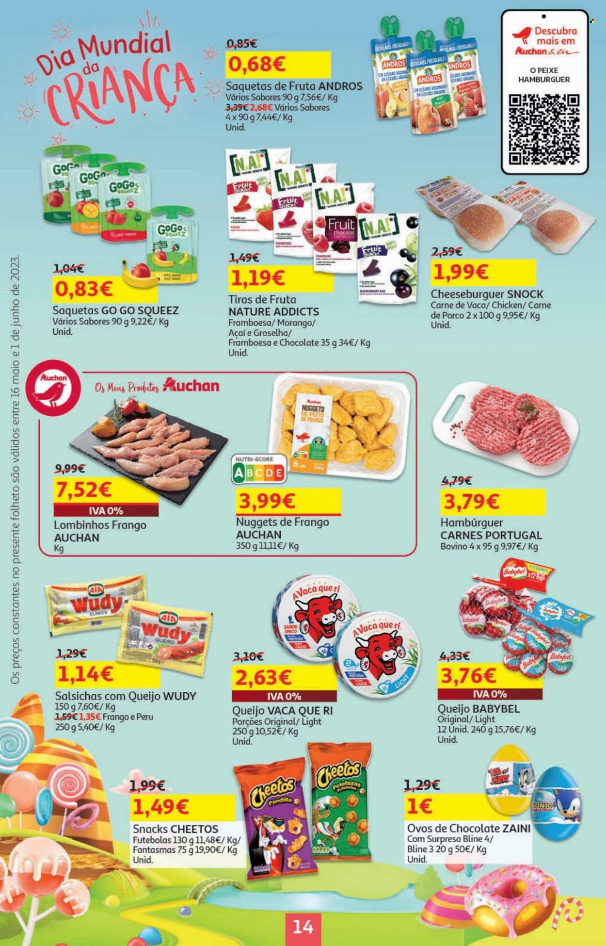 Folheto Auchan - 16.5.2023 - 1.6.2023 - Produtos em promoção - morango, carne, peito de frango, hamburger, nuggets, salsicha, Babybel, ovo de chocolate, Cheetos, GoGo squeeZ. Página 14.