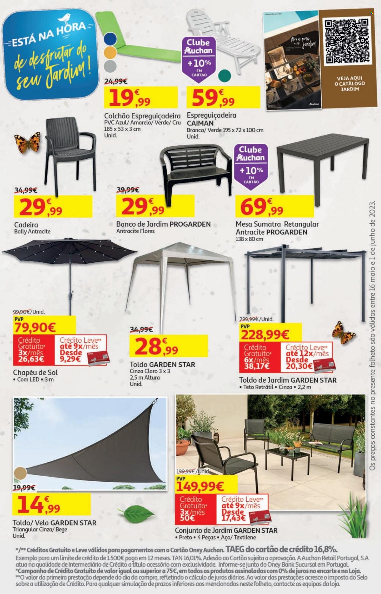thumbnail - Folheto Auchan - 16.5.2023 - 1.6.2023 - Produtos em promoção - mesa, cadeira, conjunto de jardim, chapéu de sol, colchão, colchão para espreguiçadeira, espreguiçadeira. Página 21.