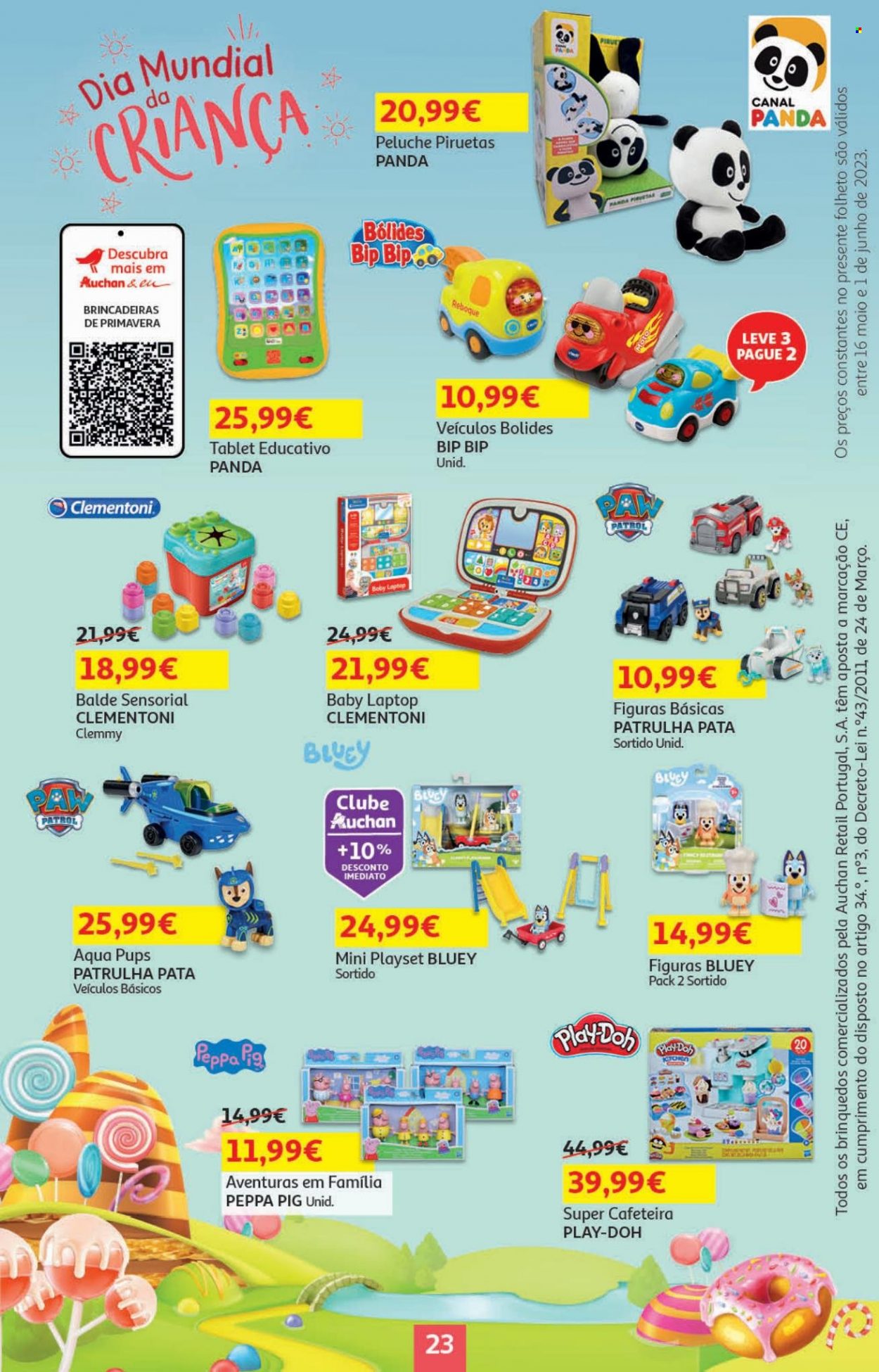thumbnail - Folheto Auchan - 16.5.2023 - 1.6.2023 - Produtos em promoção - balde, cafeteira, PC portátil, tablet, brinquedo, Play-Doh. Página 23.