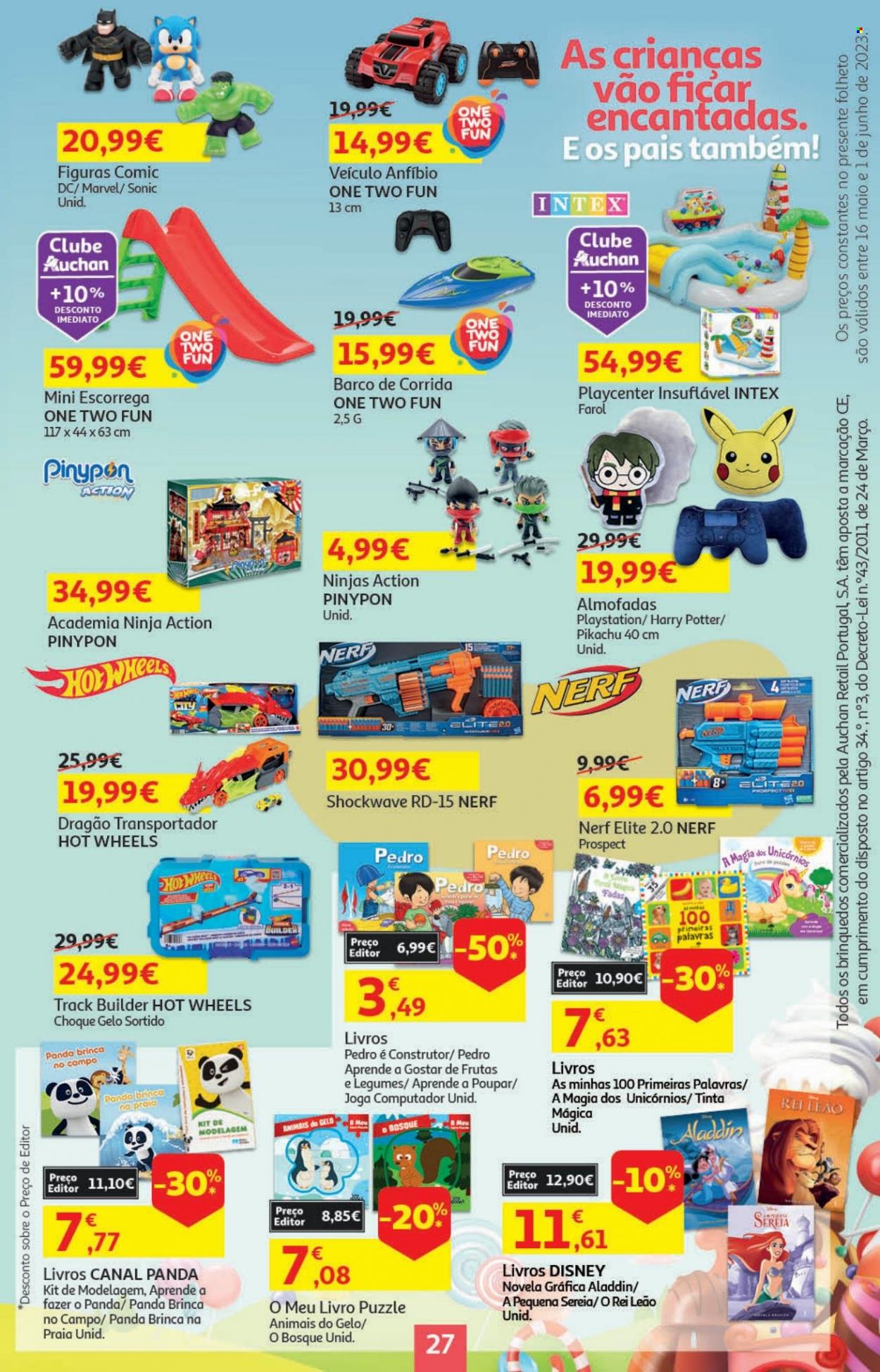 Folheto Auchan - 16.5.2023 - 1.6.2023 - Produtos em promoção - Hot Wheels, Disney, Marvel, almofada, computador, Nerf, brinquedo, carro brinquedo. Página 27.