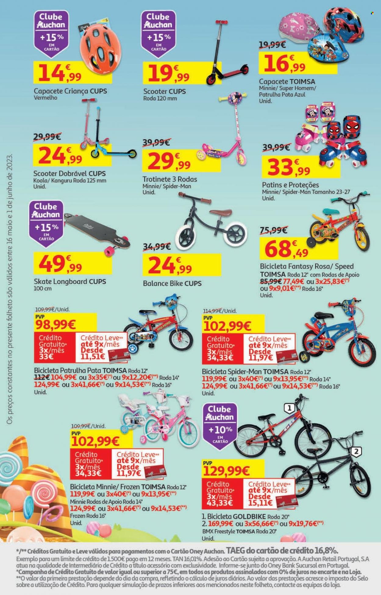 thumbnail - Folheto Auchan - 16.5.2023 - 1.6.2023 - Produtos em promoção - Frozen, Minnie, bicicleta, capacete, patins, trotinete, longboard. Página 28.