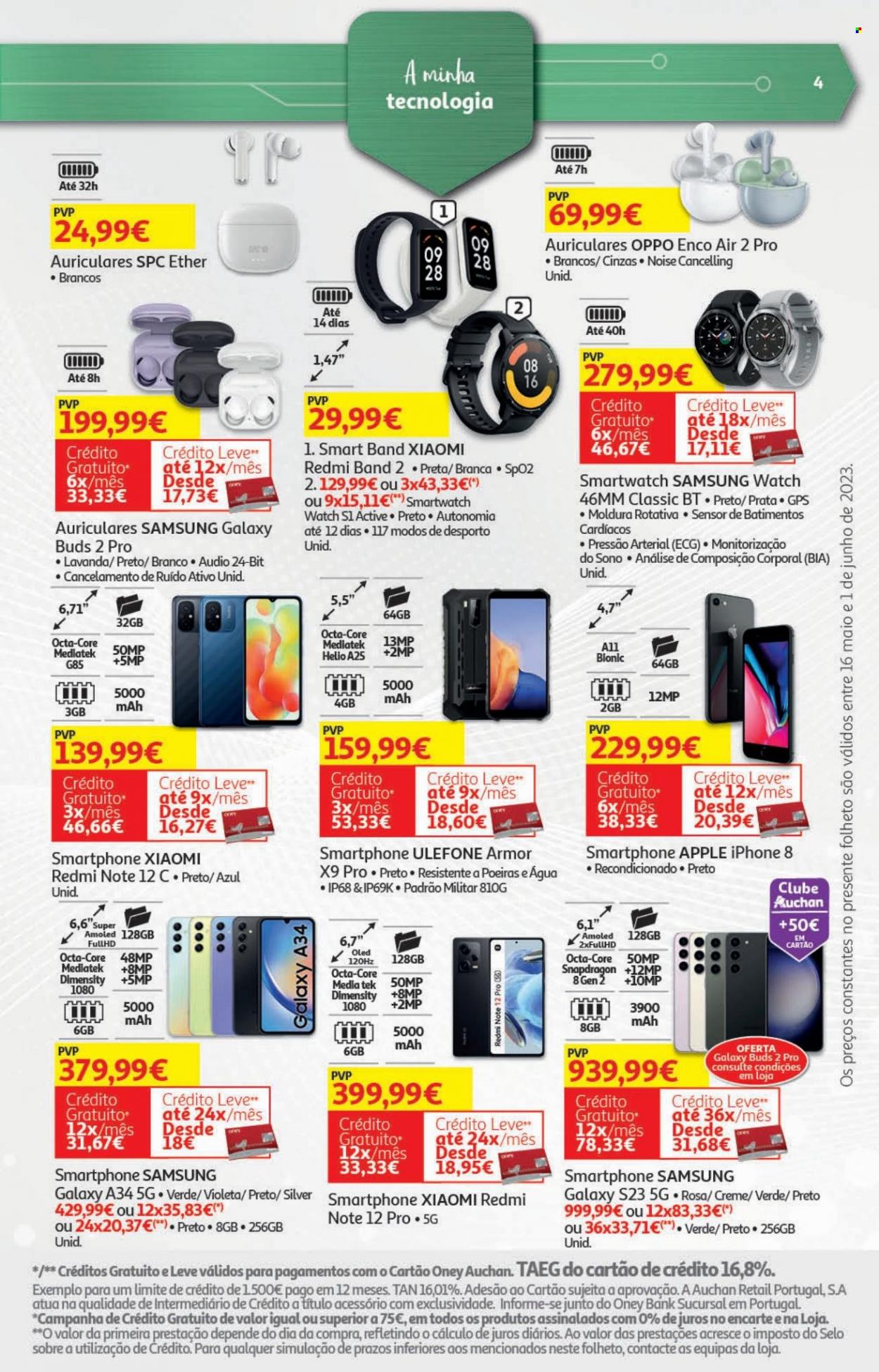 Folheto Auchan - 16.5.2023 - 1.6.2023 - Produtos em promoção - Samsung, água, Apple, iPhone, iPhone 8, Samsung Galaxy, Redmi, auriculares, smartwatch, moldura. Página 33.