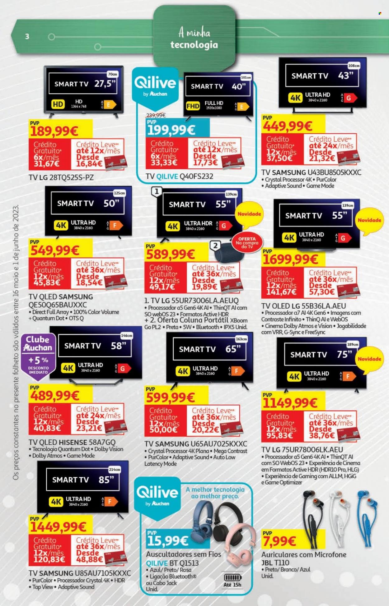 thumbnail - Folheto Auchan - 16.5.2023 - 1.6.2023 - Produtos em promoção - auriculares, coluna de som, LG, Smart TV, televisor (TV). Página 34.
