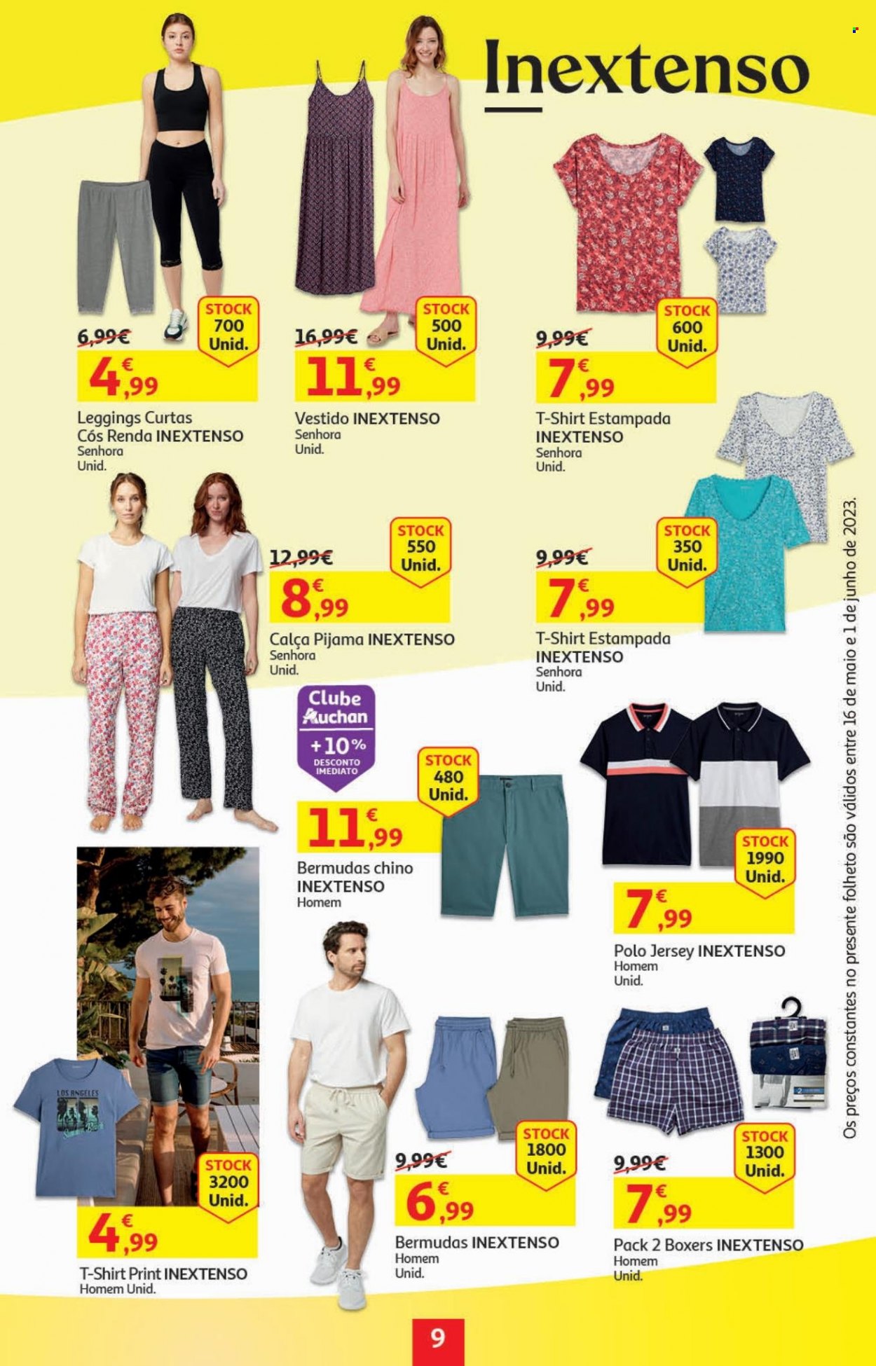 Folheto Auchan - 16.5.2023 - 1.6.2023 - Produtos em promoção - calça, bermuda, vestido, t-shirt, camisa polo, pijama, boxer, leggings. Página 9.