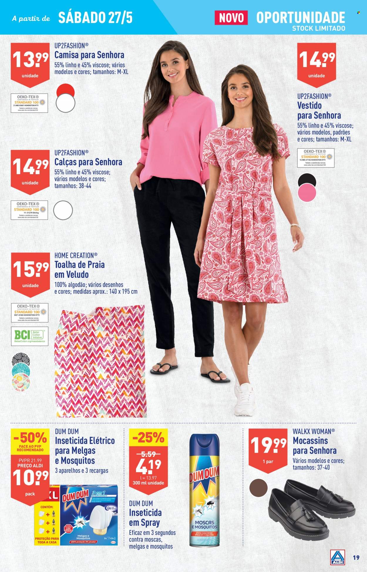 Folheto Aldi - 24.5.2023 - 30.5.2023 - Produtos em promoção - inseticida, inseticida elétrico, toalha, calça, vestido, camisa, sapatos, mocassins. Página 19.