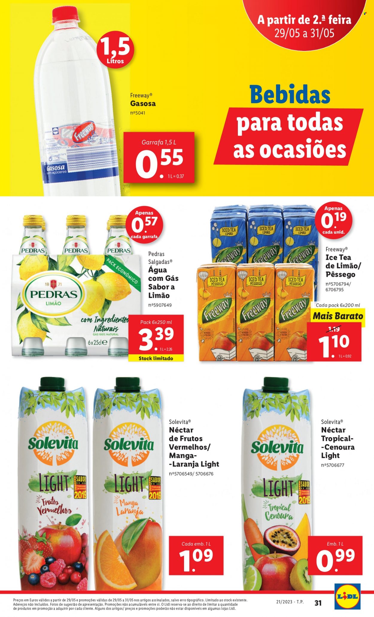 Folheto Lidl - 25.5.2023 - 31.5.2023 - Produtos em promoção - nectar, ice tea, água mineral, água com gás, água, garrafa. Página 31.