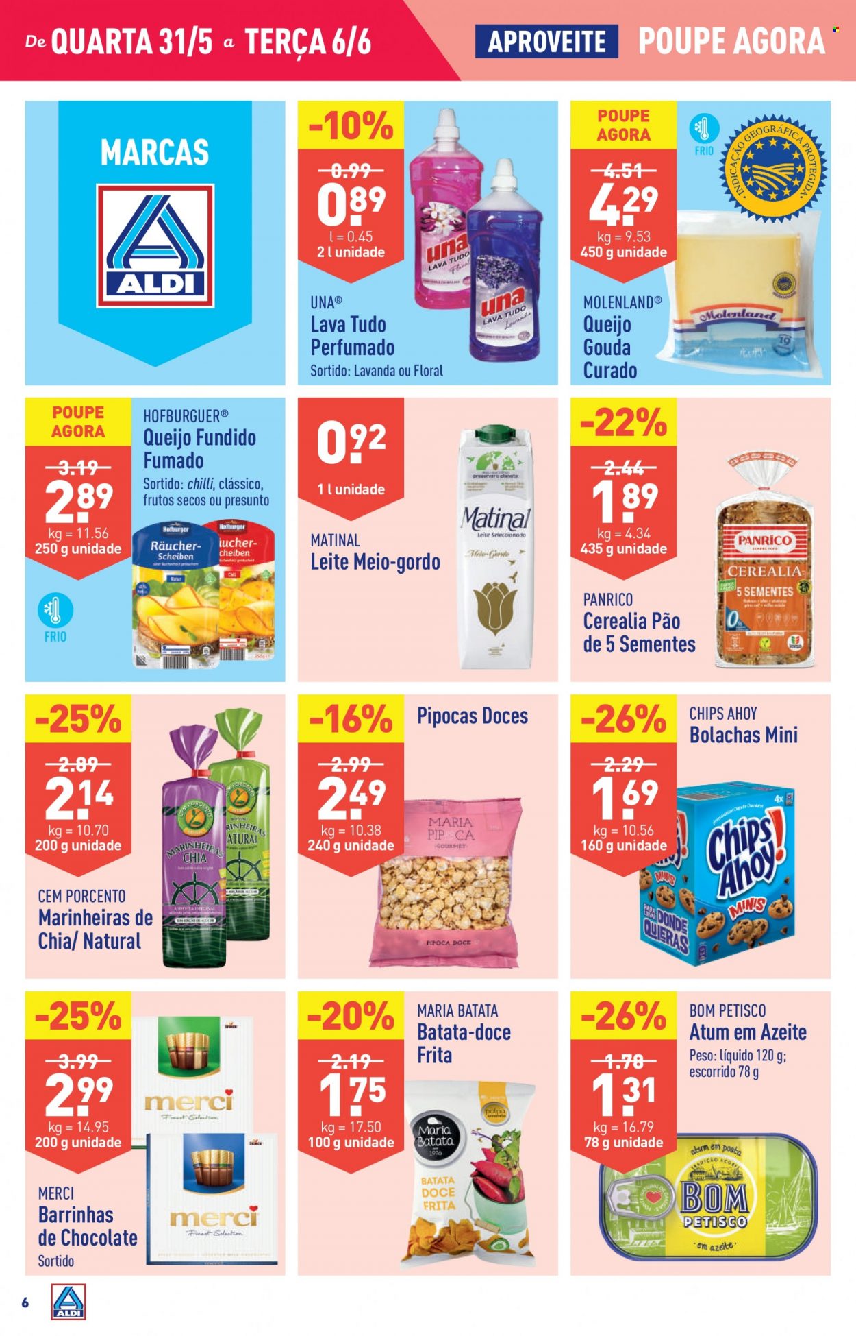 Folheto Aldi - 31.5.2023 - 6.6.2023 - Produtos em promoção - pão, atum, gouda, queijo fundido, leite meio gordo, bolachas, barrinha doce, pipoca, azeite de oliva, azeite, mistura de frutos secos, lava tudo. Página 6.