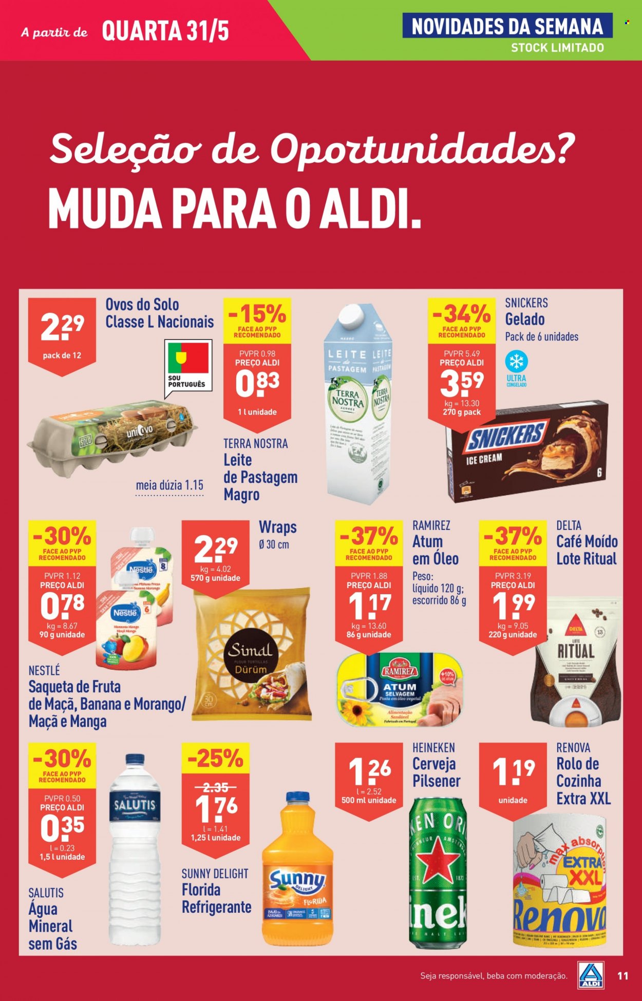 Folheto Aldi - 31.5.2023 - 6.6.2023 - Produtos em promoção - atum, wrap, ovos, Snickers, gelado, Nestlé, refrigerante, água mineral, água, saqueta, rolo de cozinha, cerveja, Heineken. Página 11.