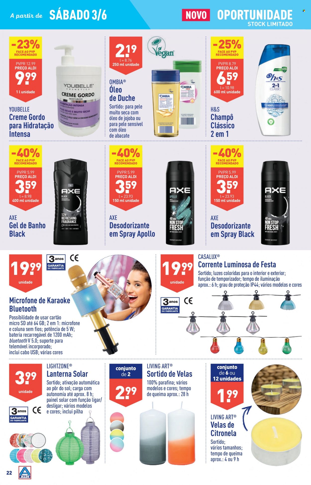 thumbnail - Folheto Aldi - 31.5.2023 - 6.6.2023 - Produtos em promoção - shampoo, gel de banho, creme gordo, desodorante, Axe, citronela, microfone, lanterna. Página 22.