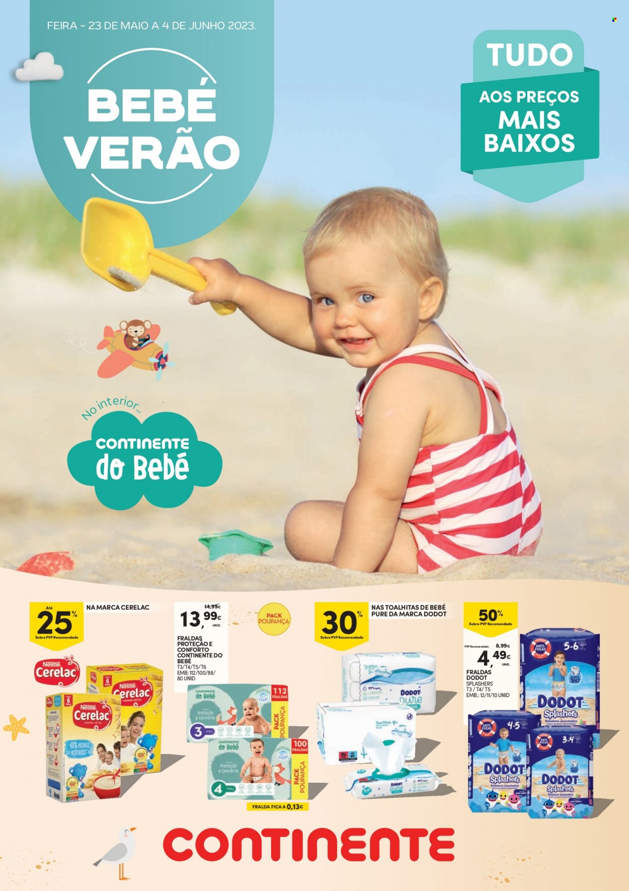 thumbnail - Folheto Continente - 23.5.2023 - 4.6.2023 - Produtos em promoção - Nestlé, toalha umedecida, Dodot, fraldas. Página 1.
