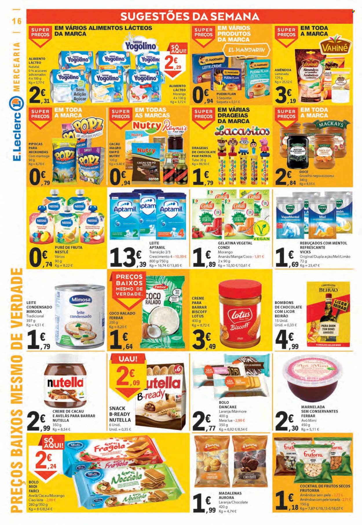 Folheto E.Leclerc - 24.5.2023 - 31.5.2023 - Produtos em promoção - manga, bolo, madalenas, Aurora, Mimosa, pudim, flan, creme vegetal, creme para barrar, Nutella, Nestlé, bombom, rebuçados, Nutella B-ready, caramelos, popcorn, pipoca, coco ralado, gelatina, Ferbar, mel, marmelada, amêndoa, avelã, mistura de frutos secos, achocolatado em pó, liqueur, Licor Beirão, Yogolino, saqueta. Página 16.