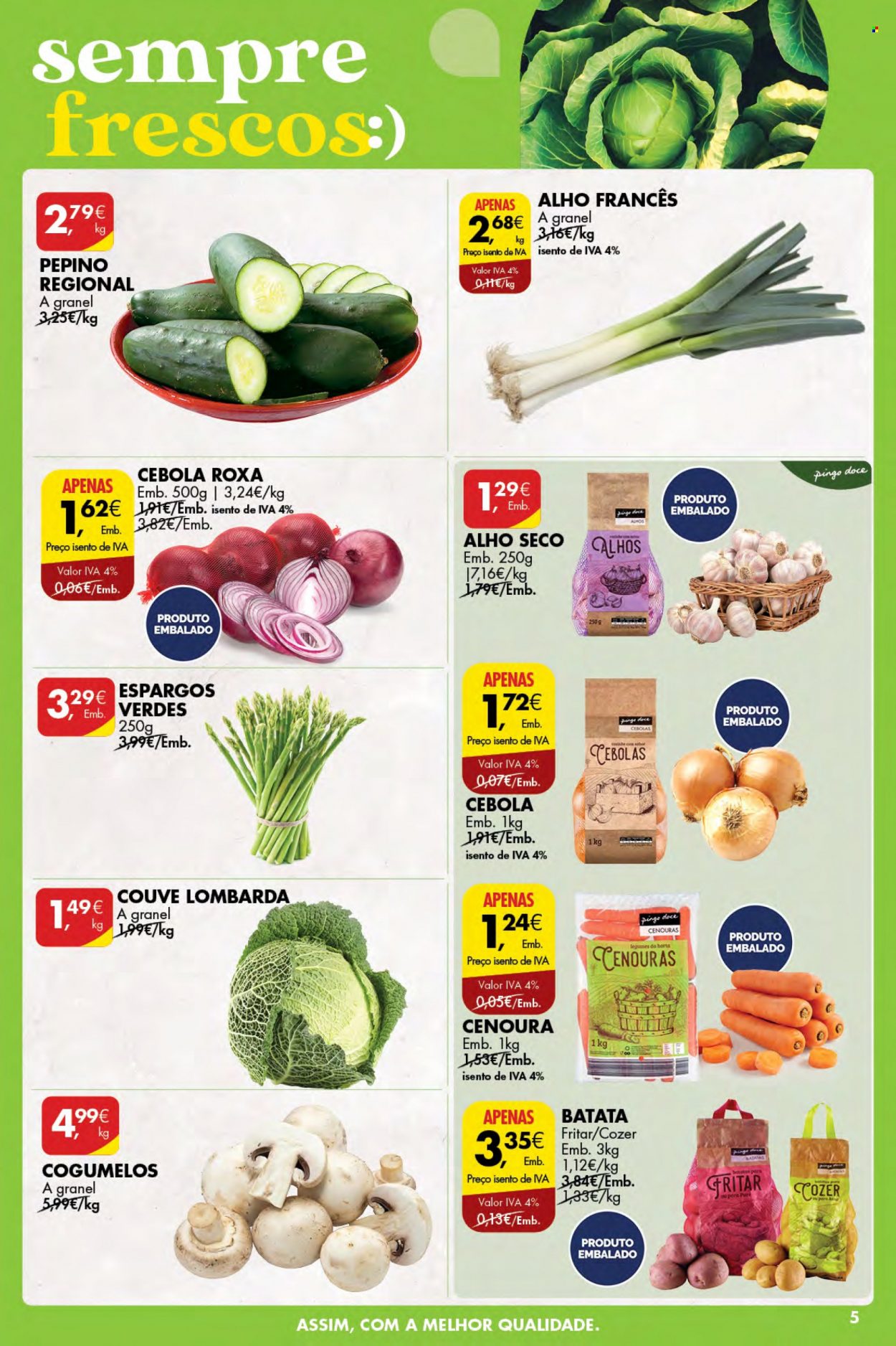 Folheto Pingo Doce - 25.5.2023 - 31.5.2023 - Produtos em promoção - pera, batata, alho, alho-poró, aspargo, couve, cebola, cenoura, pepino, legumes, espargos, cogumelo, casinha. Página 5.