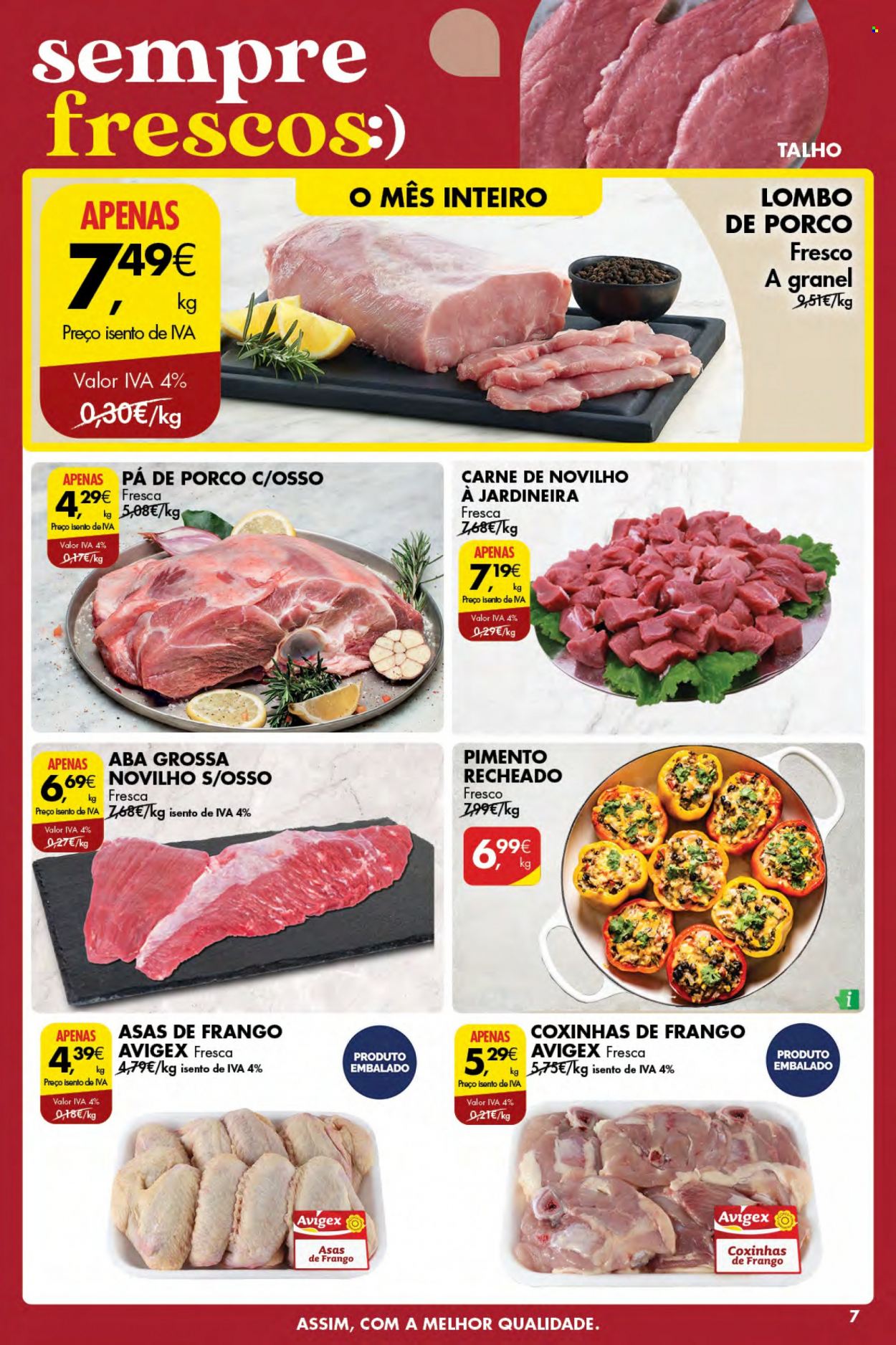 Folheto Pingo Doce - 25.5.2023 - 31.5.2023 - Produtos em promoção - pimento, lombo, carne, lombo de porco, pá de porco, asa de frango, jardineira, carne de novilho. Página 7.