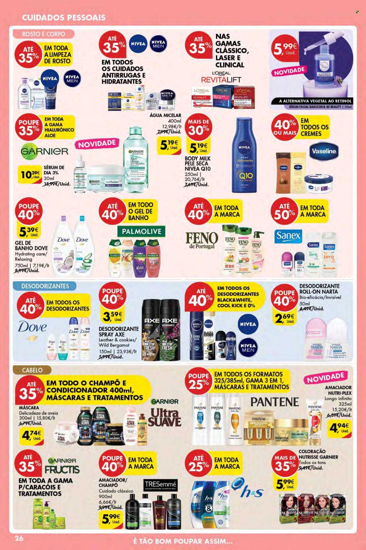 Folheto Pingo Doce - 25.5.2023 - 31.5.2023 - Produtos em promoção - bolachas, Nivea, amaciador, shampoo, Palmolive, Dove, L’Oréal, gel de banho, Nivea Men, Vaseline, água micelar, máscara, Garnier, sérum, condicionador, Fructis, Pantene, Tresemmé, desodorante, Axe. Página 26.