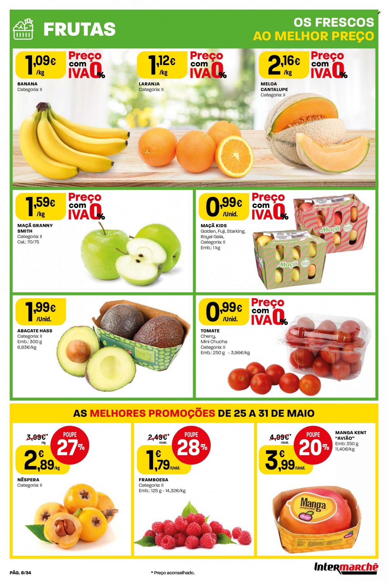 thumbnail - Folheto Intermarché - 25.5.2023 - 31.5.2023 - Produtos em promoção - banana, laranja, melão, abacate, framboesa, manga, minitomate, tomate cherry. Página 8.
