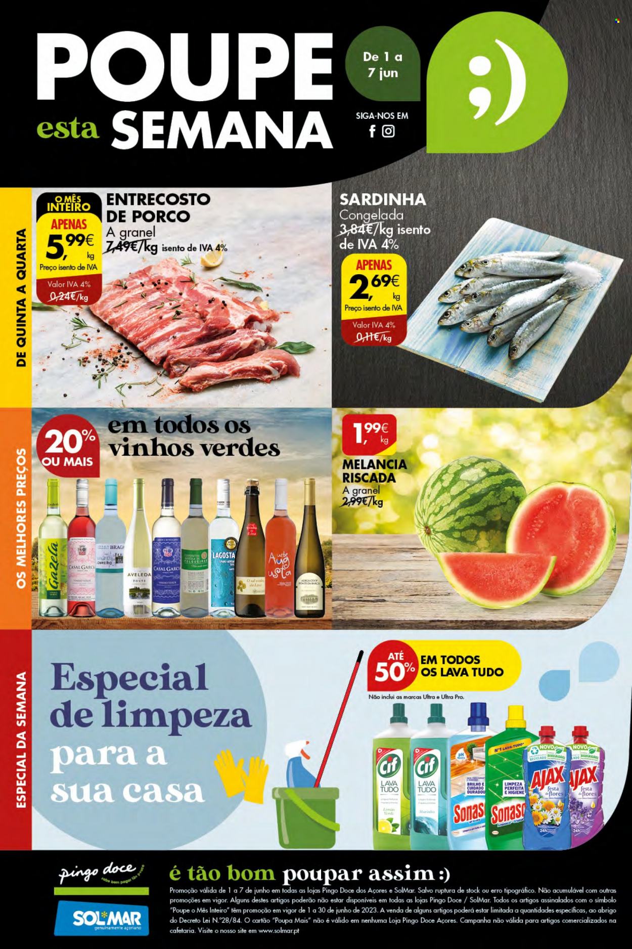 thumbnail - Folheto Pingo Doce - 1.6.2023 - 7.6.2023 - Produtos em promoção - entrecosto de porco, sardinhas, vinho, vinho verde, Cif, Ajax, lava tudo. Página 1.