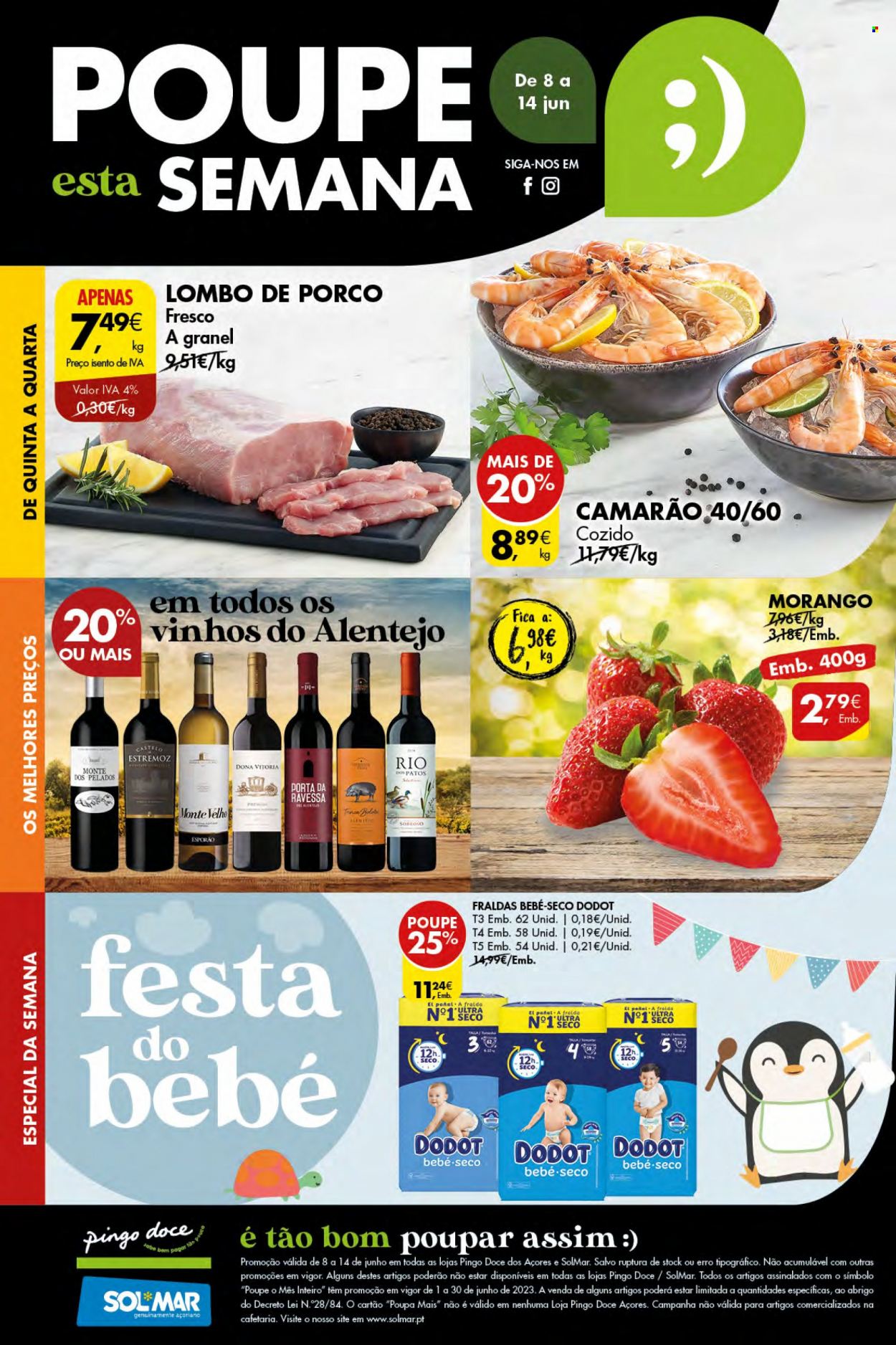 thumbnail - Folheto Pingo Doce - 8.6.2023 - 14.6.2023 - Produtos em promoção - morango, lombo, lombo de porco, camarão, vinho, Dodot, fraldas. Página 1.