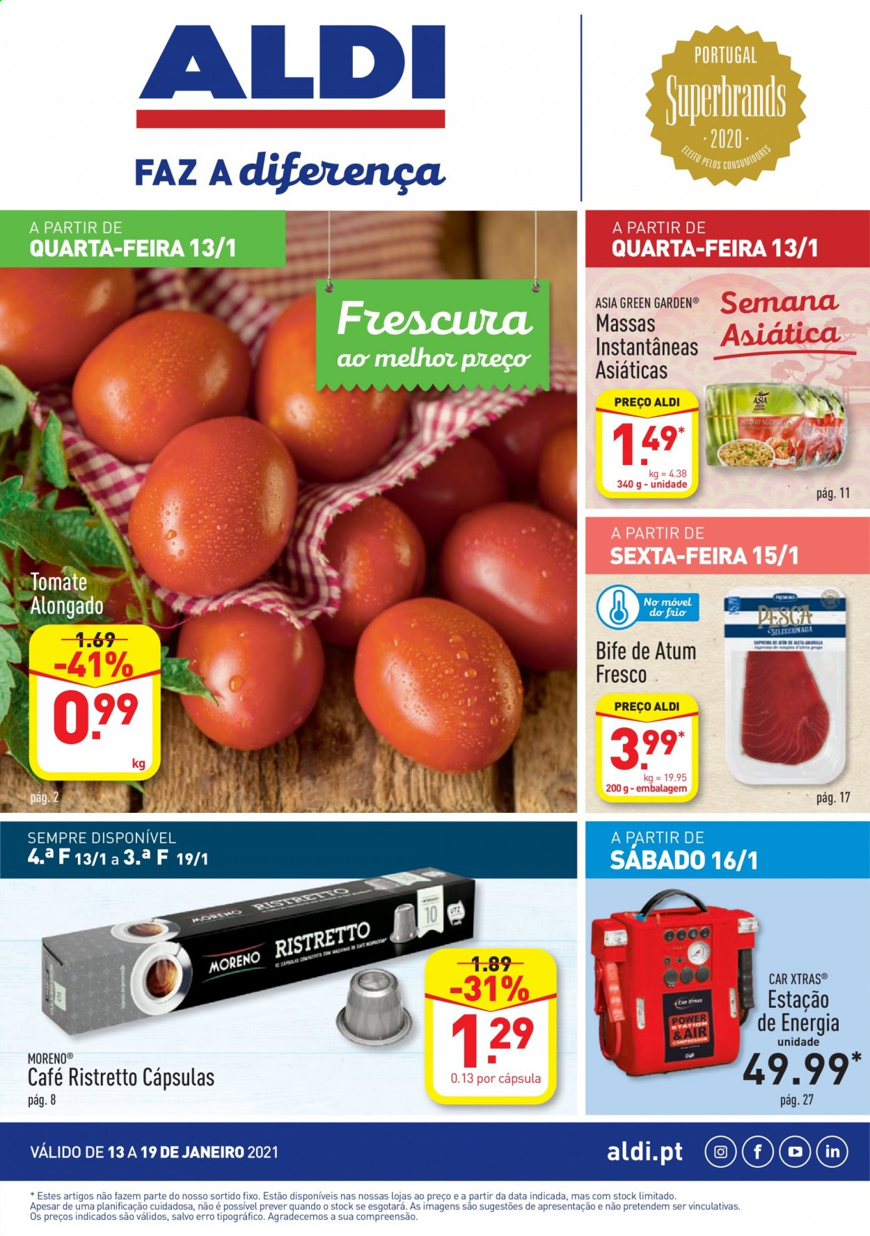 thumbnail - Folheto Aldi - 13.1.2021 - 19.1.2021 - Produtos em promoção - tomate, bife, atum, café. Página 1.
