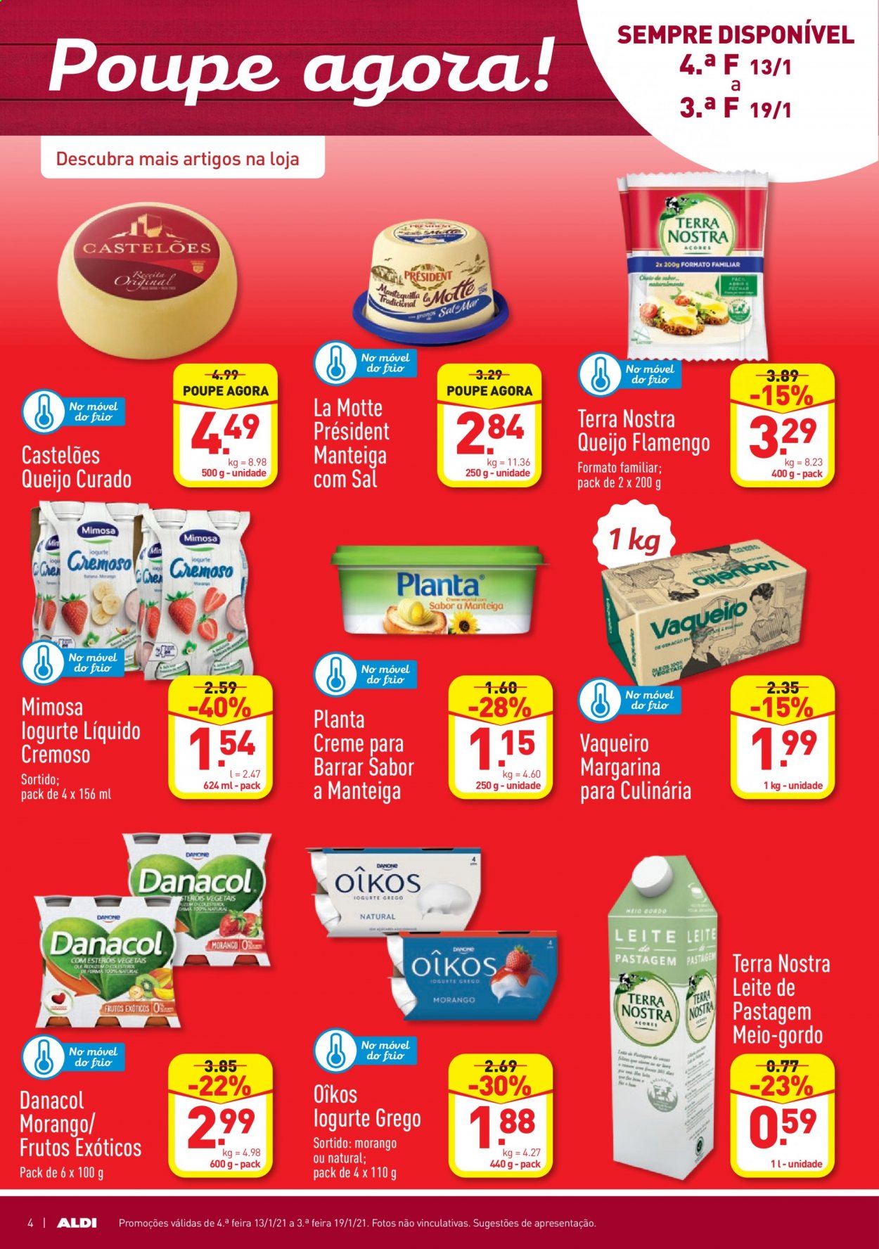 thumbnail - Folheto Aldi - 13.1.2021 - 19.1.2021 - Produtos em promoção - queijo, iogurte, iogurte grego, iogurte líquido, Mimosa, manteiga, margarina. Página 4.