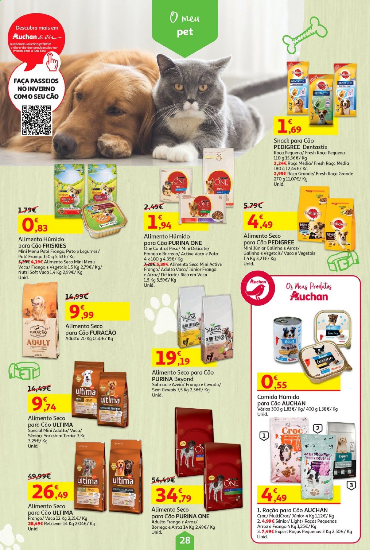 thumbnail - Folheto Auchan - 8.1.2021 - 21.1.2021 - Produtos em promoção - faca, alimentos para cães, Friskies, Pedigree, Purina, ração, Dentastix. Página 28.