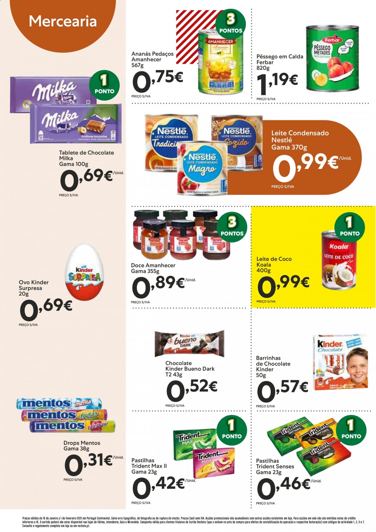 thumbnail - Folheto Recheio - 19.1.2021 - 1.2.2021 - Produtos em promoção - Milka, Kinder, ovos, Trident, Nestlé, Mentos, Ferbar, leite condensado. Página 14.