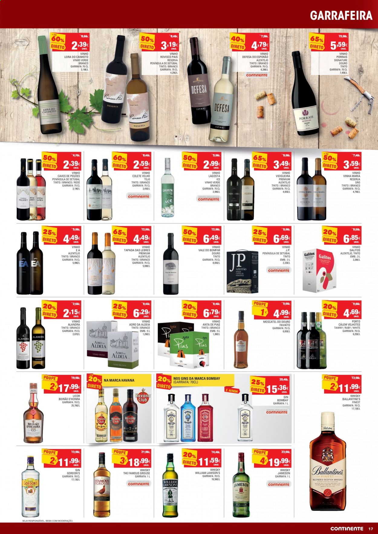 thumbnail - Folheto Continente - 19.1.2021 - 25.1.2021 - Produtos em promoção - vinho, moscatel, gin, Jameson, whiskey, garrafa, colete. Página 17.