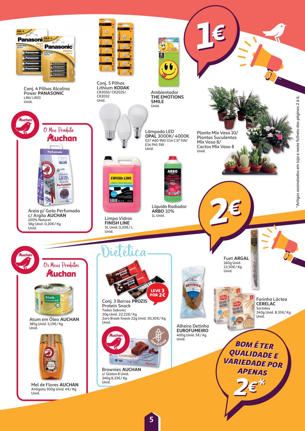 thumbnail - Folheto Auchan - 22.1.2021 - 1.2.2021 - Produtos em promoção - Panasonic, atum, farinha, farinha láctea, patatas, mel, limpa vidros, Finish, pilhas alcaninas, lâmpada, vaso. Página 5.
