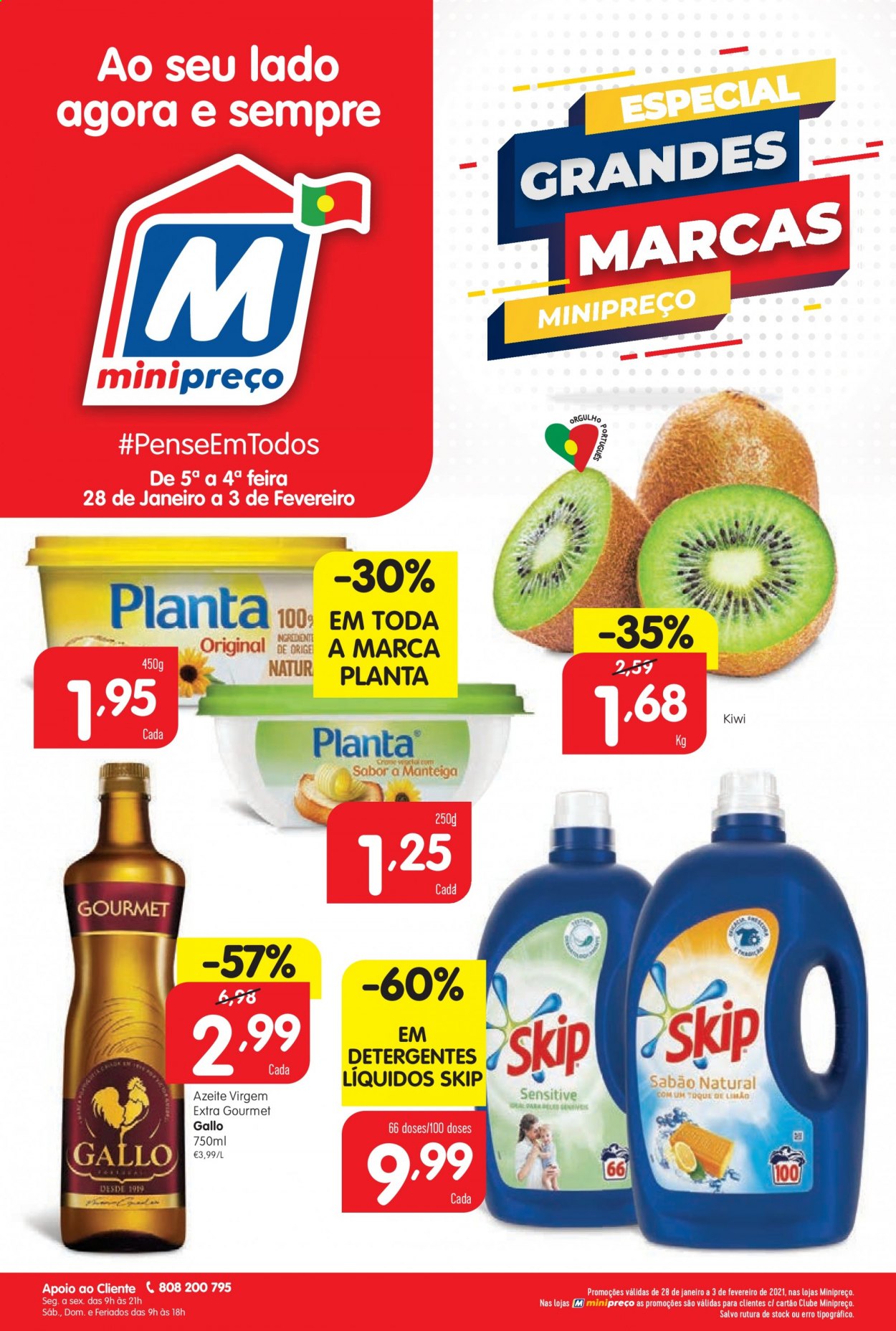 thumbnail - Folheto Minipreço - 28.1.2021 - 3.2.2021 - Produtos em promoção - kiwi, manteiga, azeite de oliva, Gallo, detergente, sabão. Página 1.