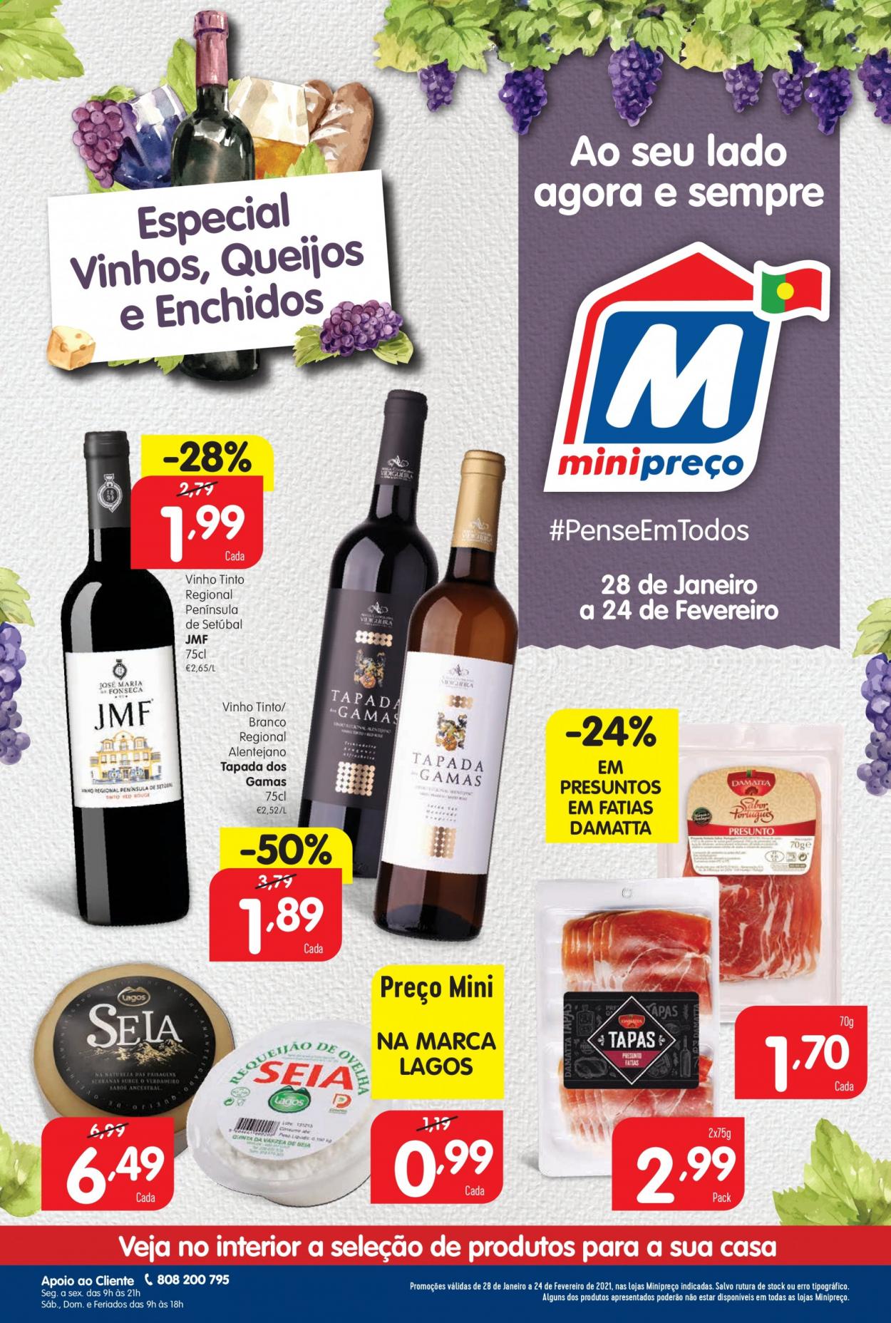 thumbnail - Folheto Minipreço - 28.1.2021 - 24.2.2021 - Produtos em promoção - presunto, vinho, vinho tinto. Página 1.