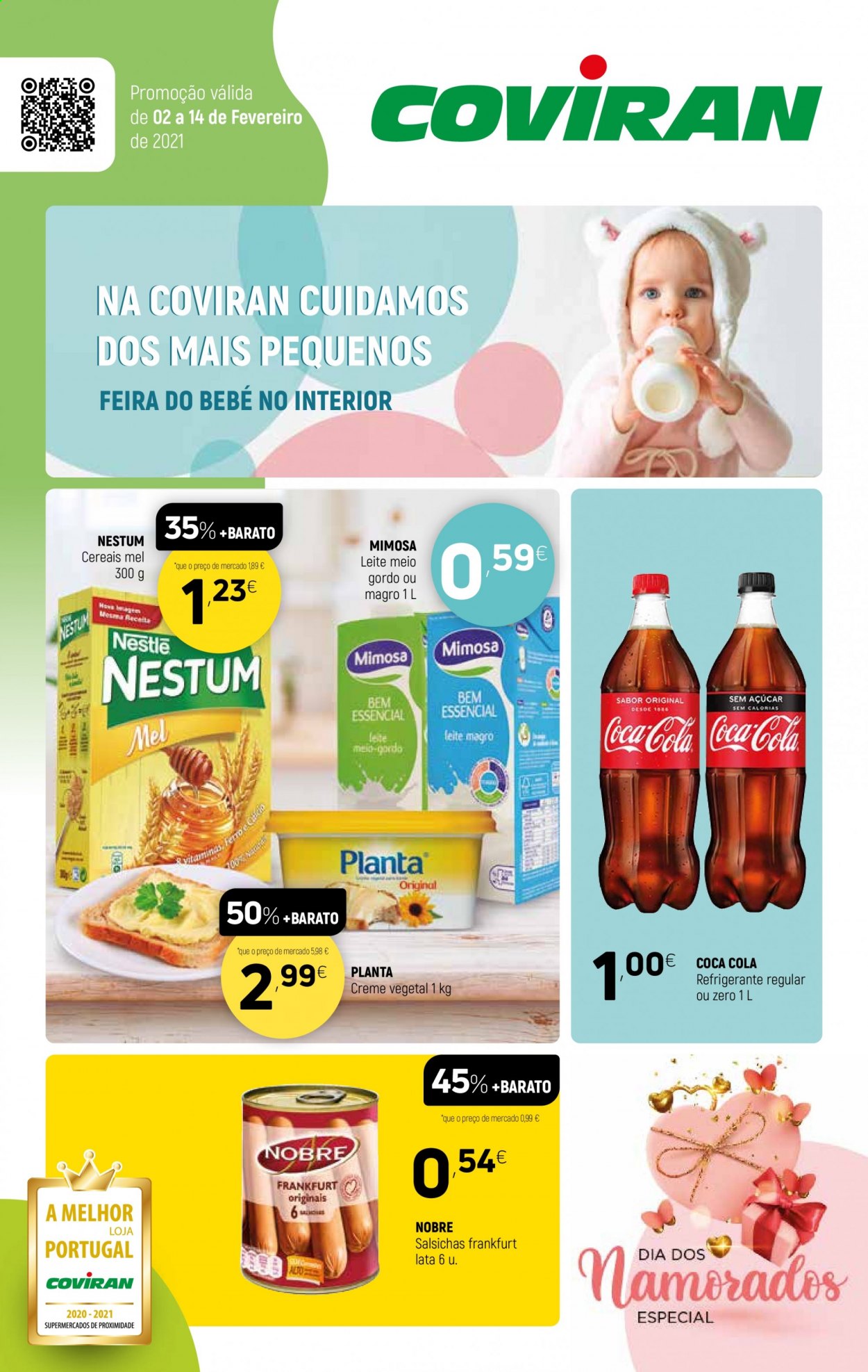 thumbnail - Folheto Coviran - 2.2.2021 - 14.2.2021 - Produtos em promoção - salsicha, Mimosa, leite, Nestlé, cereais, mel, Coca Cola, refrigerante. Página 1.