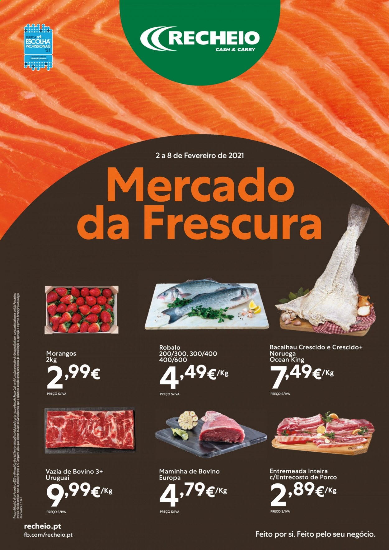 thumbnail - Folheto Recheio - 2.2.2021 - 8.2.2021 - Produtos em promoção - morango, alcatra, vazia de bovino, bacalhau. Página 1.