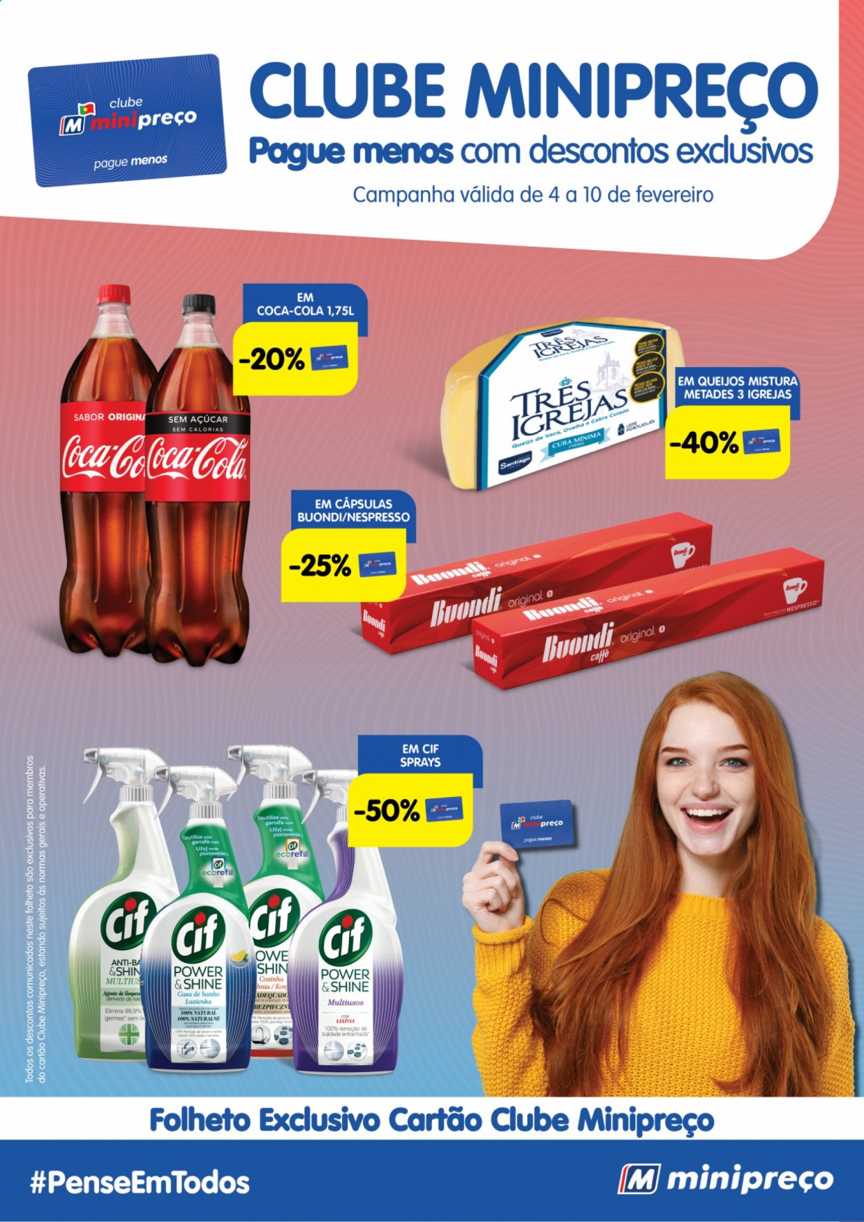 thumbnail - Folheto Minipreço - 4.2.2021 - 10.2.2021 - Produtos em promoção - queijo, Coca Cola, café, Nespresso, Cif, garrafa. Página 1.