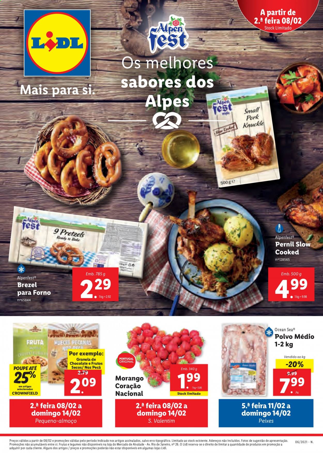 thumbnail - Folheto Lidl - 8.2.2021 - 14.2.2021 - Produtos em promoção - morango, legumes, pernil, polvo, peixe, granola. Página 1.