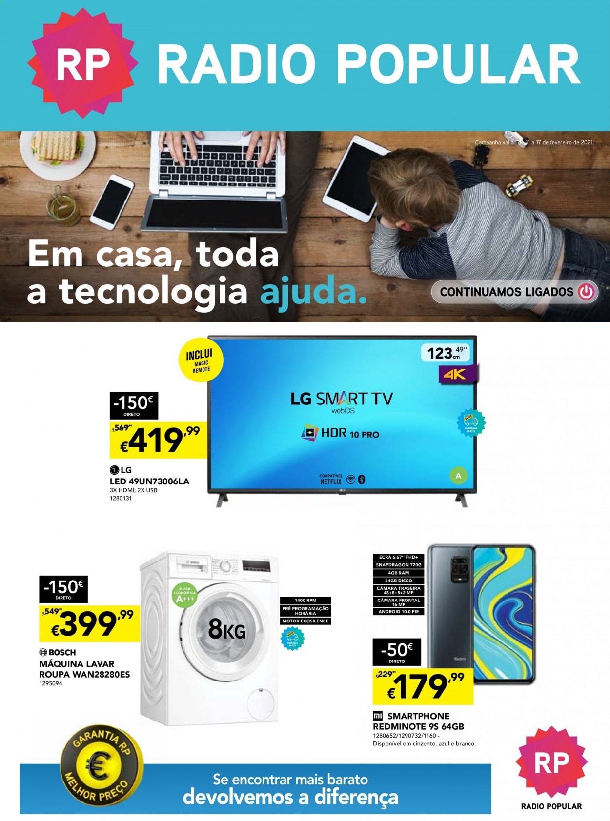 thumbnail - Folheto Radio Popular - 11.2.2021 - 17.2.2021 - Produtos em promoção - Bosch, LG, smartphone, Smart TV. Página 1.
