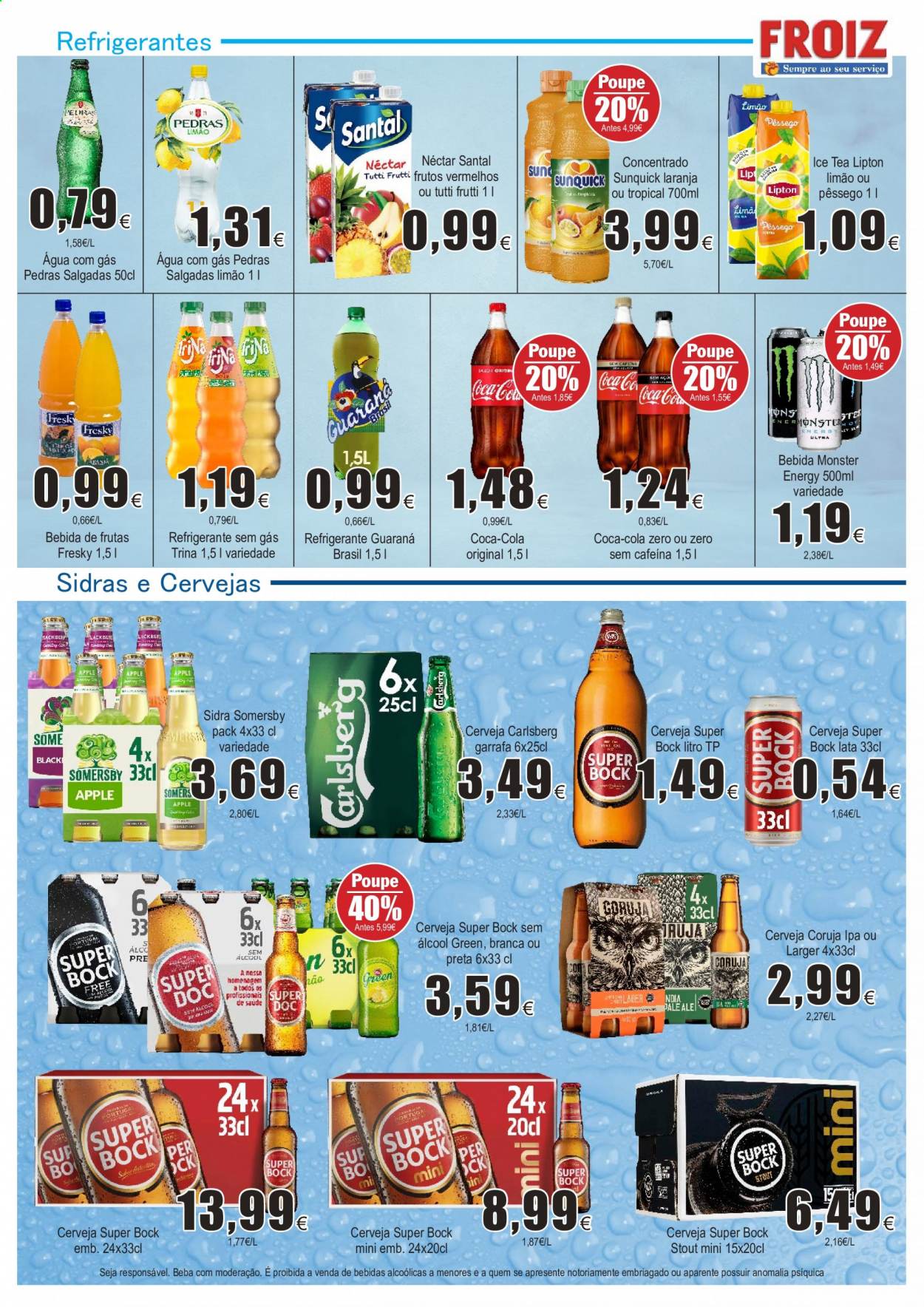thumbnail - Folheto Froiz - 11.2.2021 - 3.3.2021 - Produtos em promoção - Super Bock, limão, Coca Cola, nectar, refrigerante, Lipton, sidra, garrafa. Página 12.