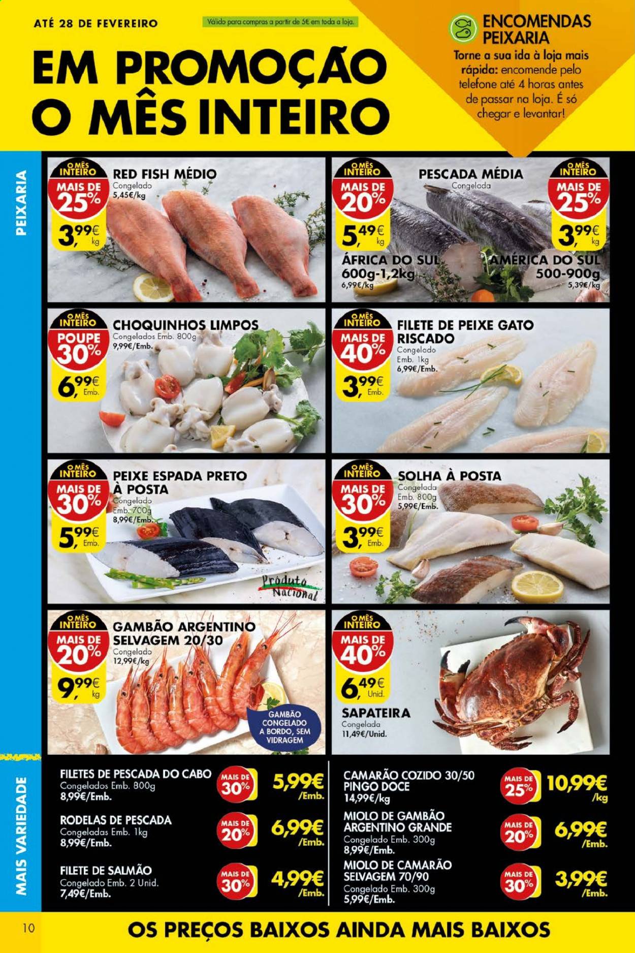 thumbnail - Folheto Pingo Doce - 16.2.2021 - 22.2.2021 - Produtos em promoção - camarão, peixe espada, filetes de peixe, barrinhas de pescada, gambão, solha, red fish. Página 10.
